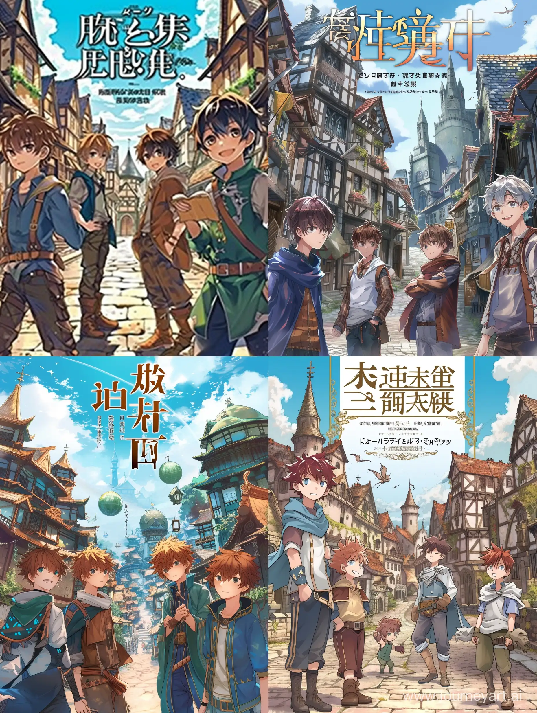The cover for light novel, four boys and fantasy world with buildings, genres: fantasy and isekai.
