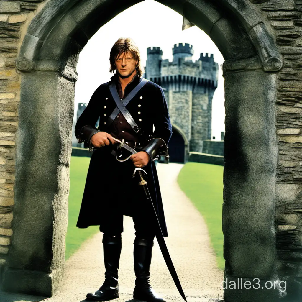 Молодой Шон Бин с мушкетом в руках у ворот замка 