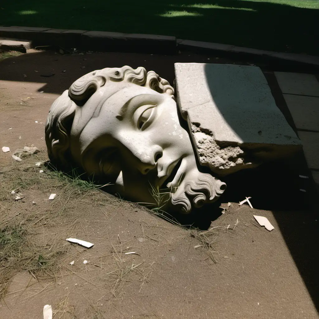 обломки античной статуи, лежит на боку в тени