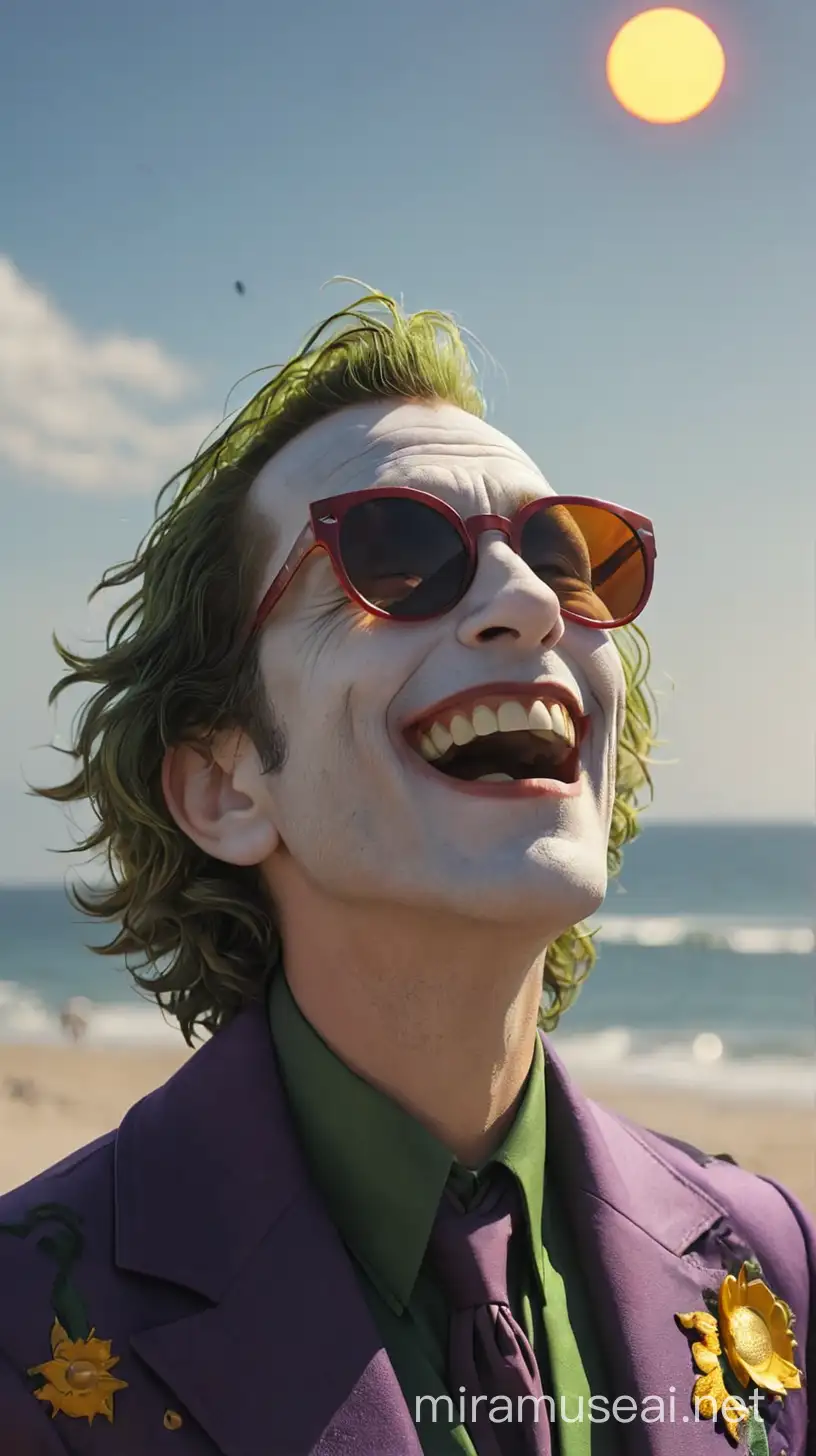 El Joker mirando el eclipse solar con sus lentes de sol , al borde del mar 