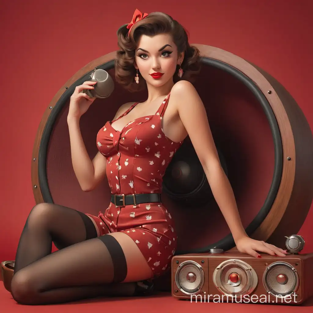 Sensuous PinUp Girl Posing on Red Vintage Speaker