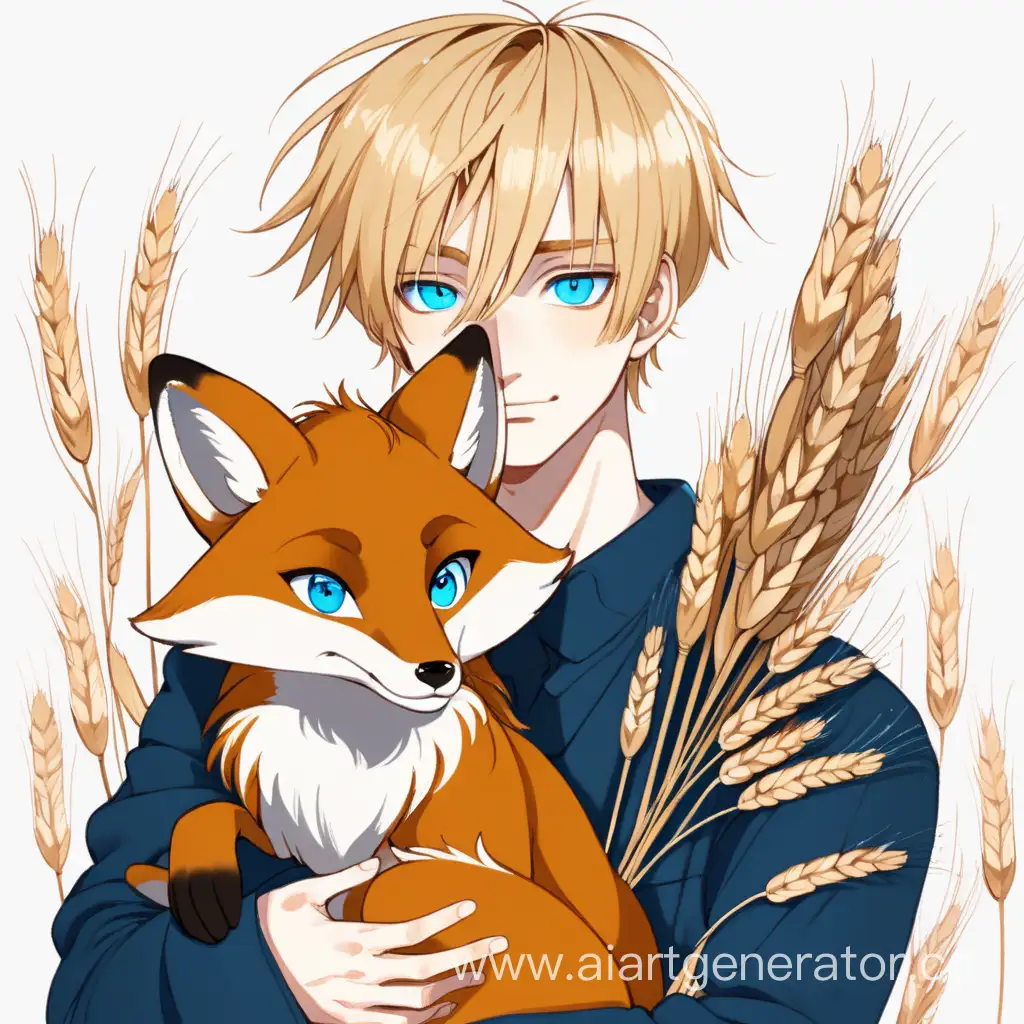 Парень с пшеничными волосами и голубыми глазами держит на руках лису