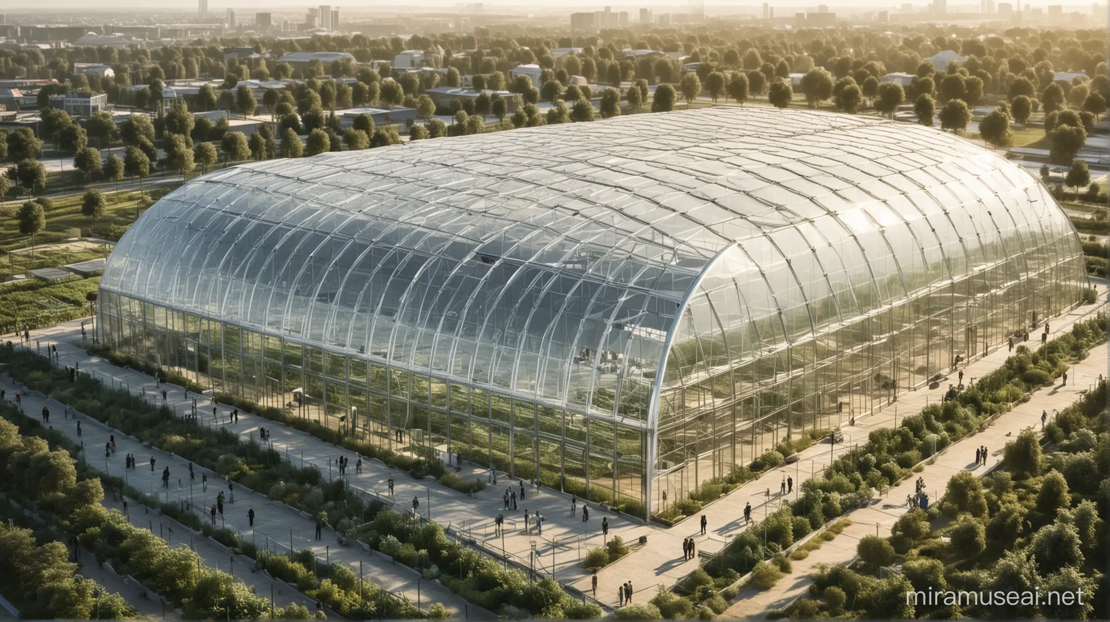 Design a concept for a high-tech greenhouse spanning between 2000 and 3000 square meters, focusing on modernity and futurism. The greenhouse is intended for silk farming.