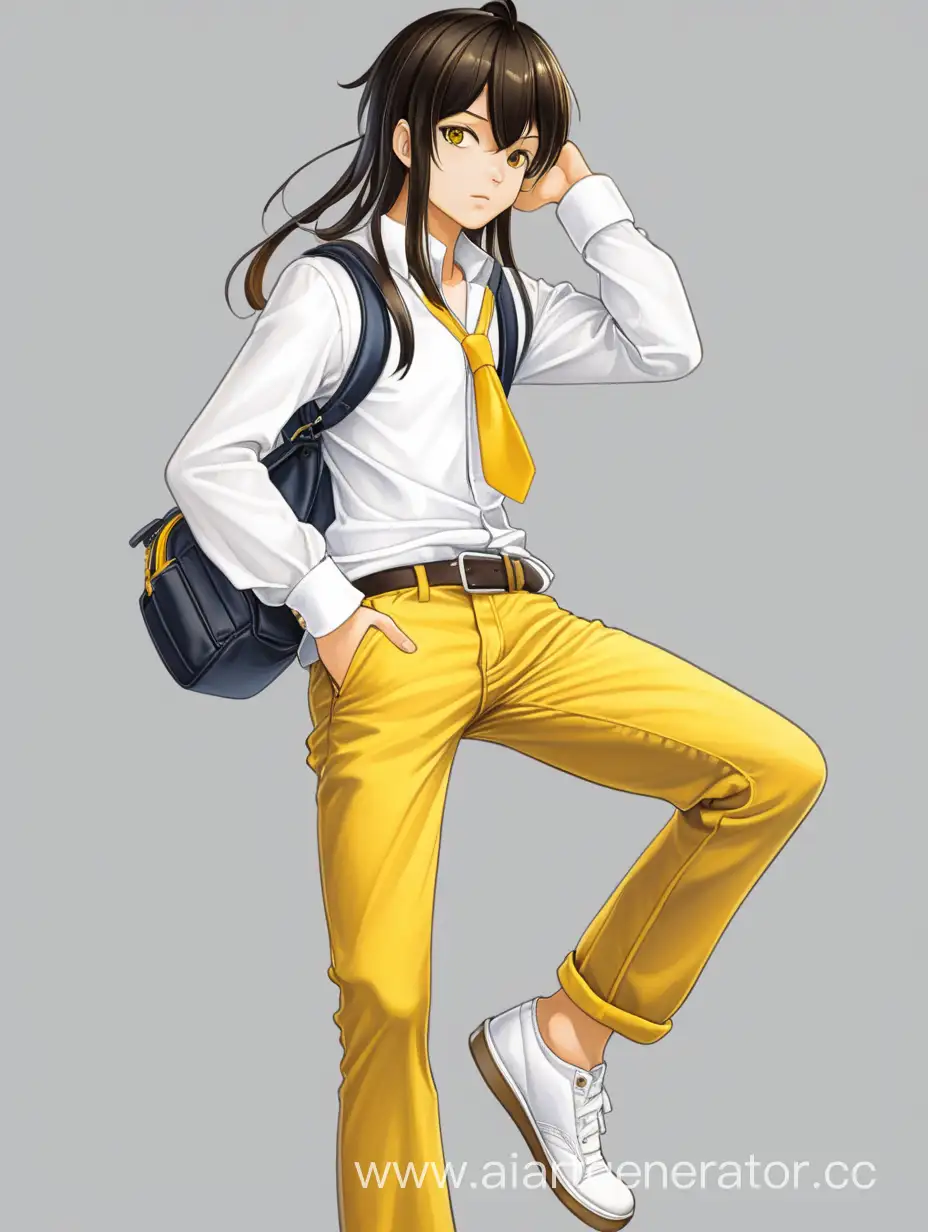 Аниме студент в полный рост, жёлтые штаны, белая рубашка, тёмные волосы