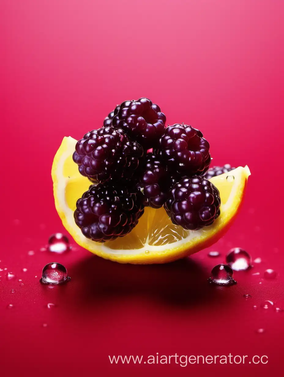Boysenberry-and-Lemon-Slices-in-Water-Drop-on-Red-Background