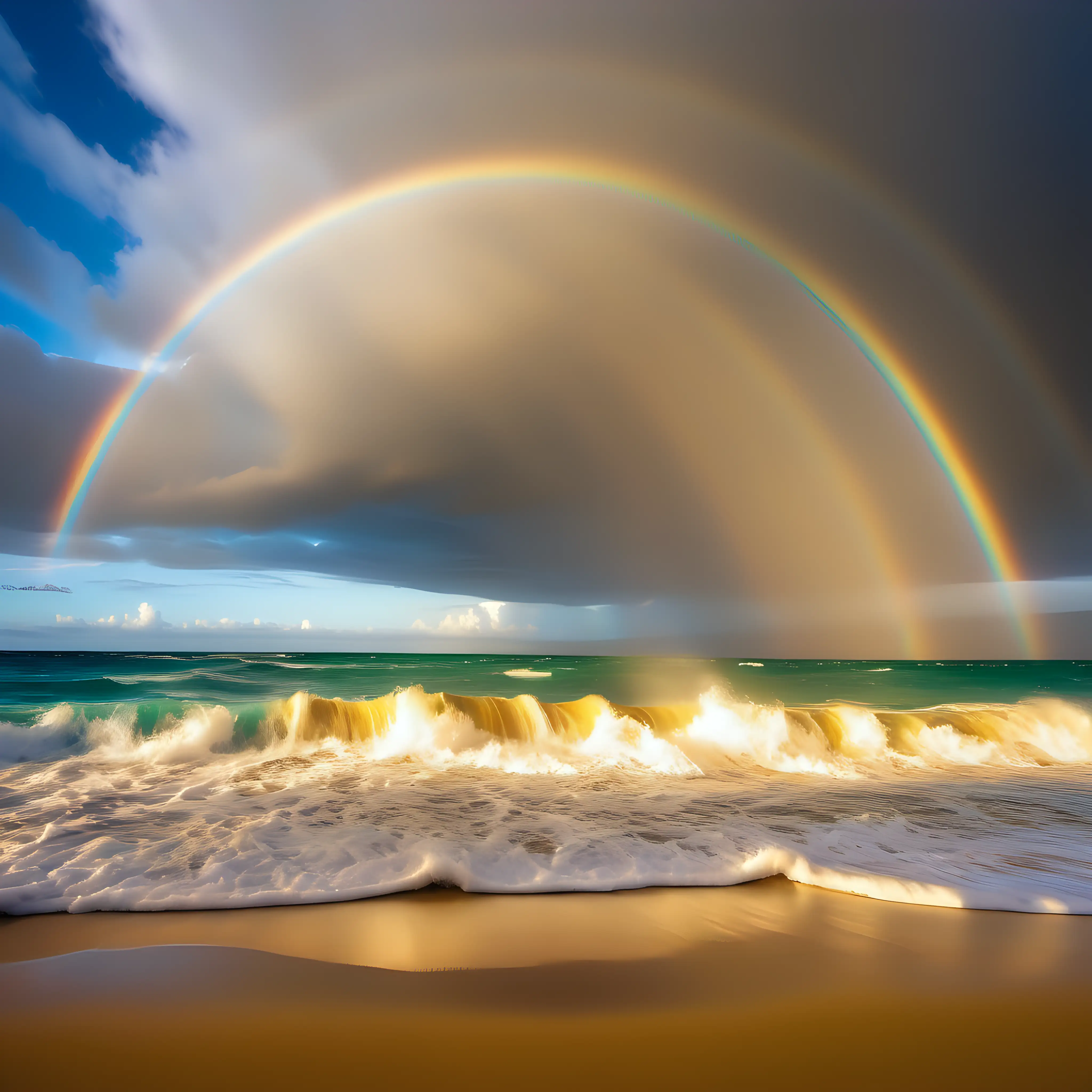 Colourful ocean scene with waves crashing onto a golden sand beach and a rare rainbow cloud formation above