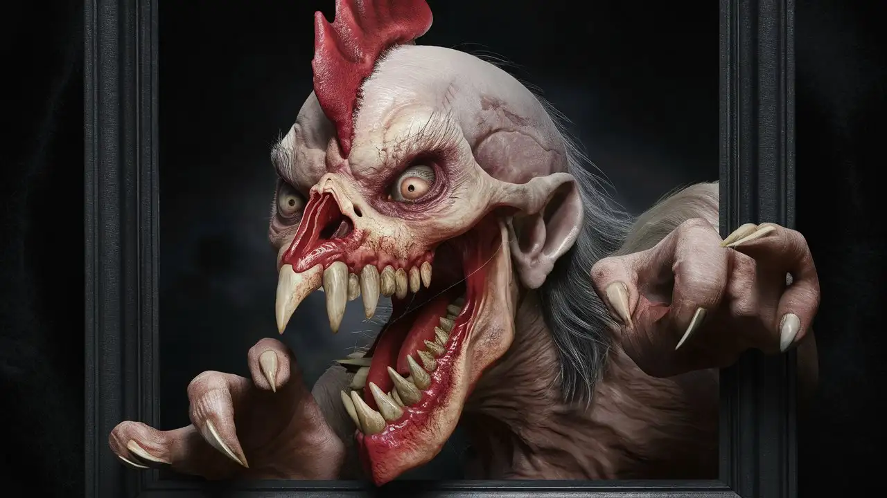 Eerie Haunted super scary skull vampire ghost rooster demon face Hyper Realistic Horror Scene scary skull demon chicken rooster face very scary with long sharp teeth chicken beak and make the face really horrifying and make it with long pointy teeth and fangs beak and long overly stretched mouth that is very scary. Make the eyes eerie pale dead looking and staring right into you as if it's trying to possess you with evil demonic powers.

Background should be pitch black. put in picture fram and The enity should be trying to climb out of a pitch blackghost picture frame like it is climbing out of black ooze