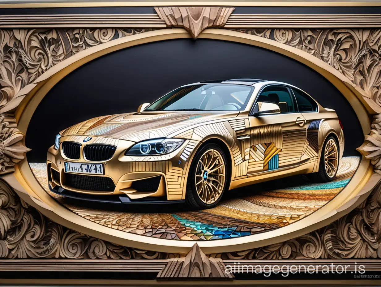 Psychedelic-BMW-Car-Art-with-Golden-Metal-Frame-Vibrant-Hyperrealism