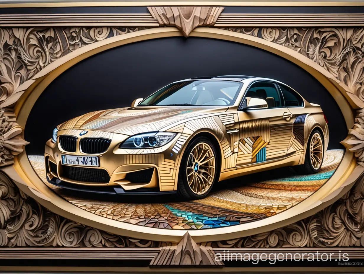 Psychedelic BMW Car Art with Golden Metal Frame Vibrant Hyperrealism