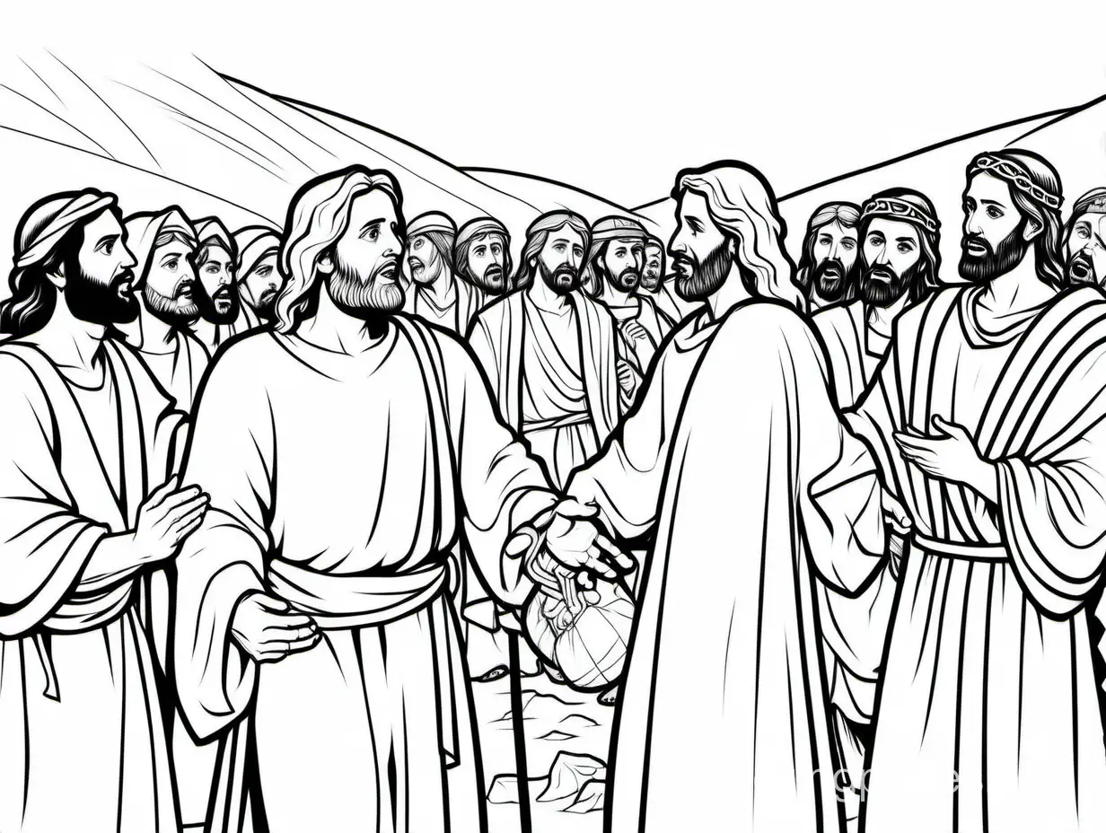 Judas betraying Jesus, Coloring Page, black and white, line art, white background, Simplicity, Ample White Space. The background of the coloring page is plain white to make it easy for young children to color within the lines. The outlines of all the subjects are easy to distinguish, making it simple for kids to color without too much difficulty