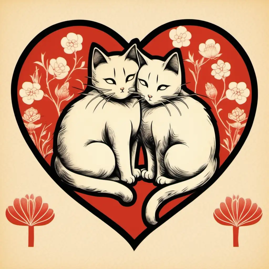 Japanese drawing of  2 cats inside a heart cuddling. Japanese retro style. 