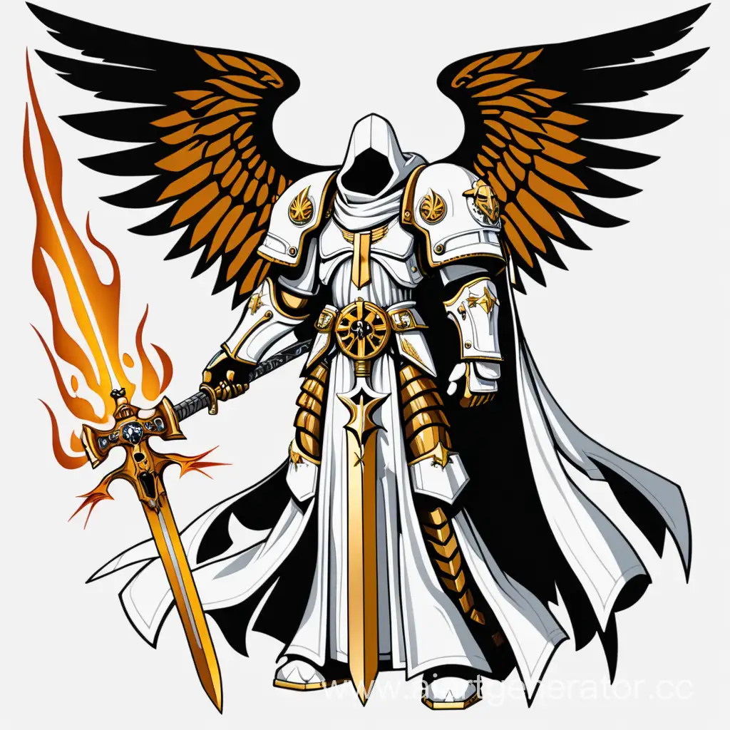 warhammer 40000, Архангел Михаил,, монах в белых одеждах, белый балахон, меч в огне, огненный меч, золотые доспехи, брутальность, белый фон, пнг, вектор, рисунок, минимализм, симметрия

