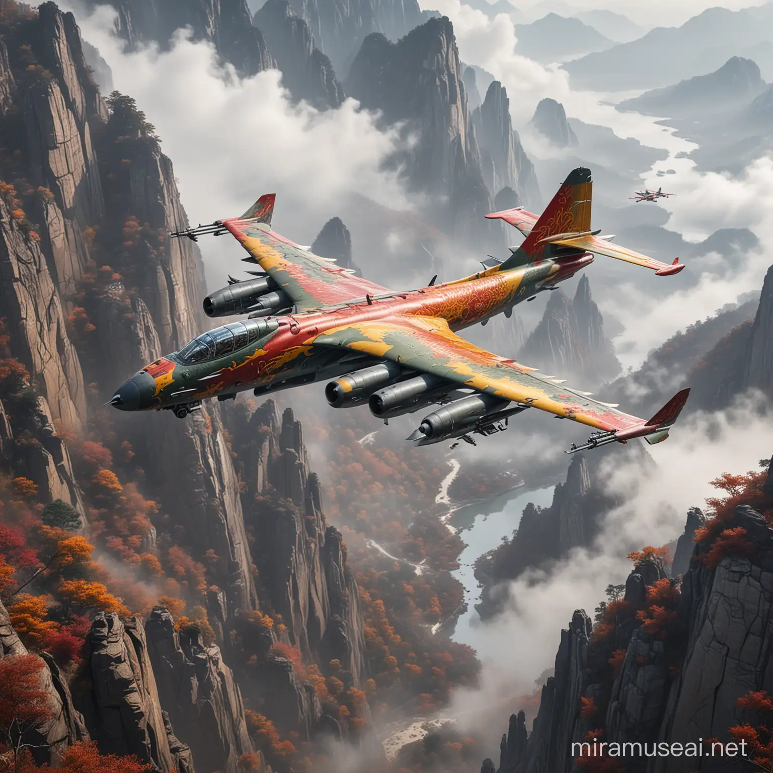Chinese Military H6 Bomber with Traditional Dragon Painting Flying over Cliff in Autumn