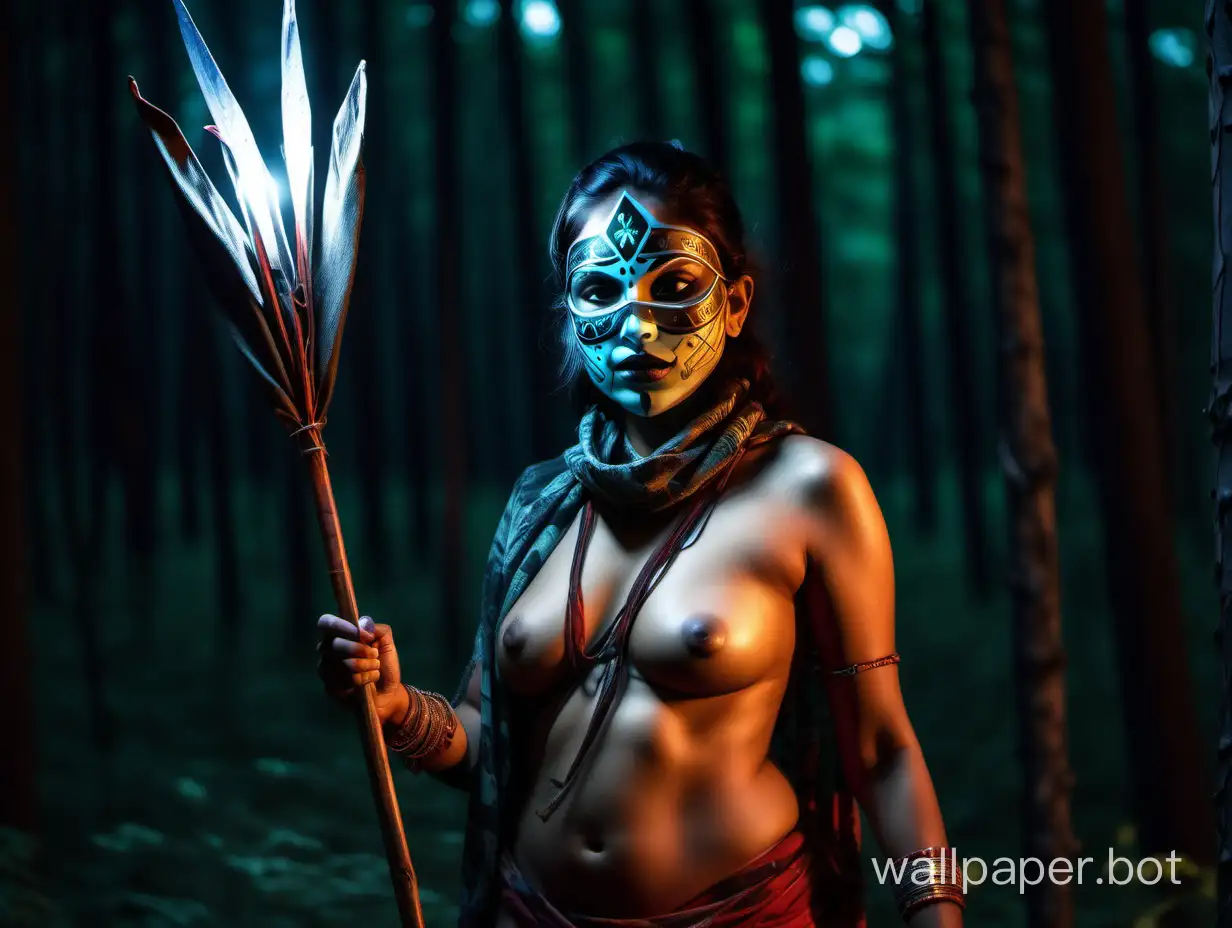 Wild-Indian-Huntress-with-Glowing-Spear-in-Forest-Night