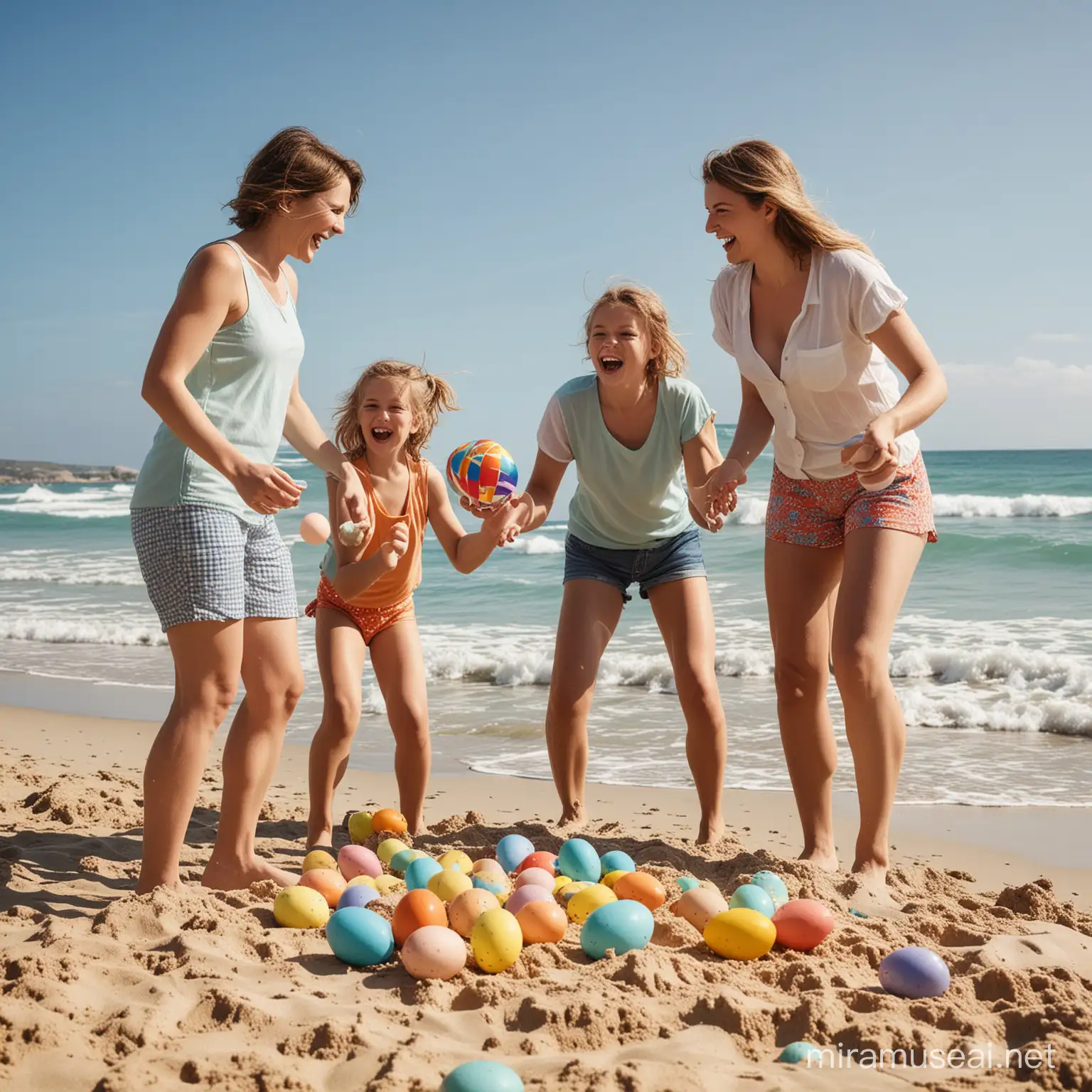 A joyful and vibrant scene of a european family playing together on a sunny beach. They are surrounded by colorful Easter eggs of various sizes, some filled with treats and others empty. The family members are all smiling, engaging in fun activities like beach volleyball or building sandcastles. The sky is a bright blue, and the waves are gentle, creating a sense of relaxation and happiness. The overall atmosphere is festive and cheerful, perfect for an Easter celebration.