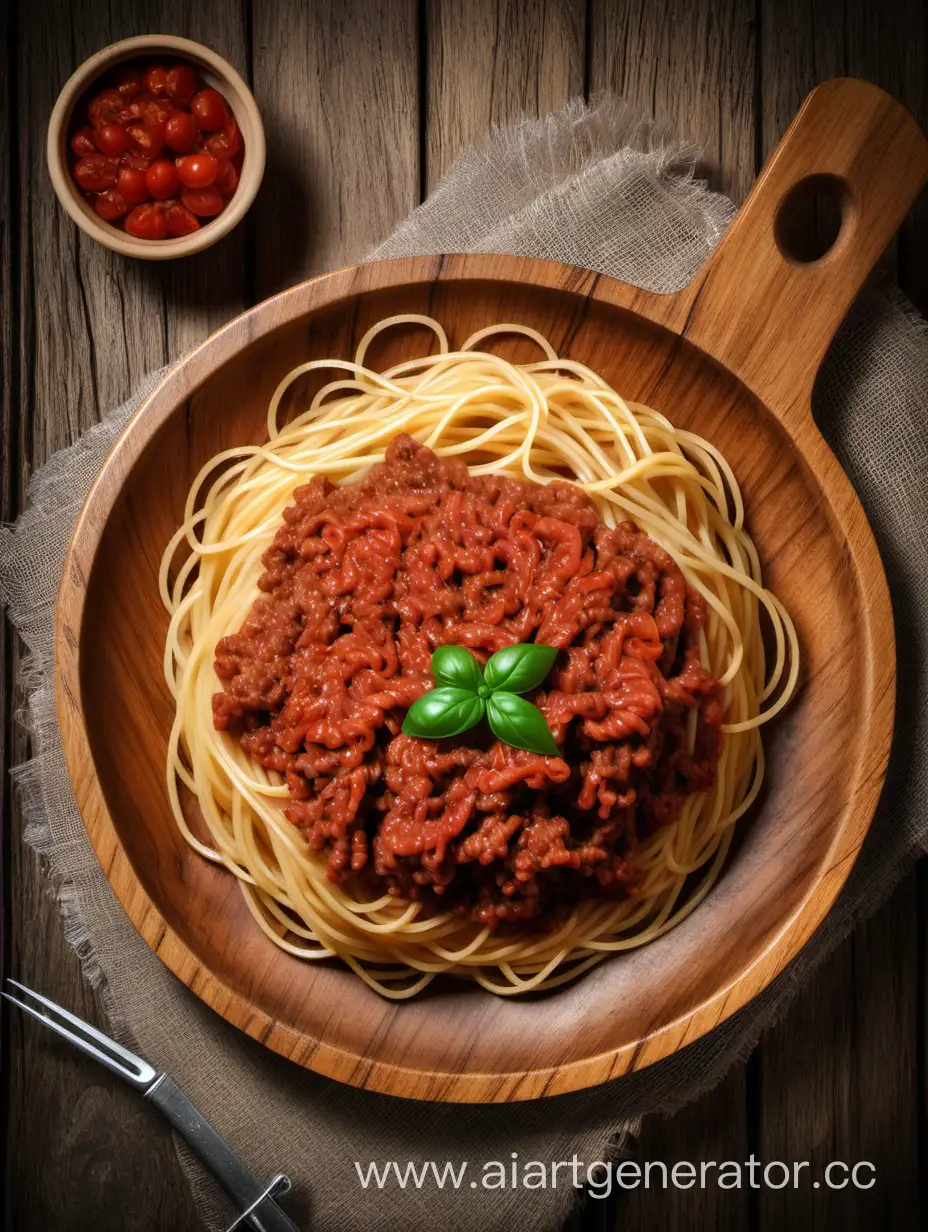 Фарш со спагетти в деревянной тарелке