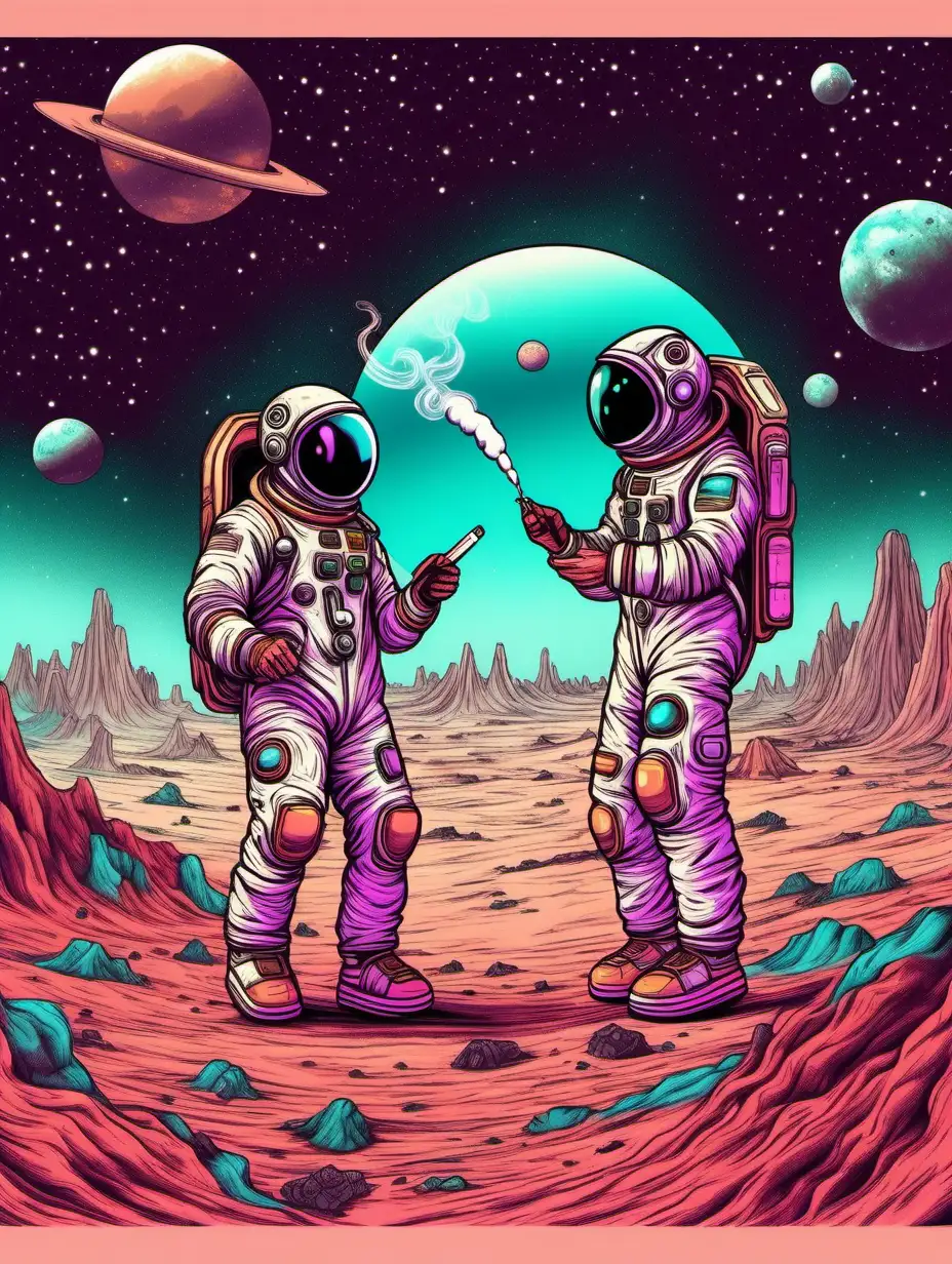 2 astronauts on a different planet 
sat on an alien planet smoking up
While they stare into the vacuum of space
the landscape is very complex and dreamy Use lots of colour