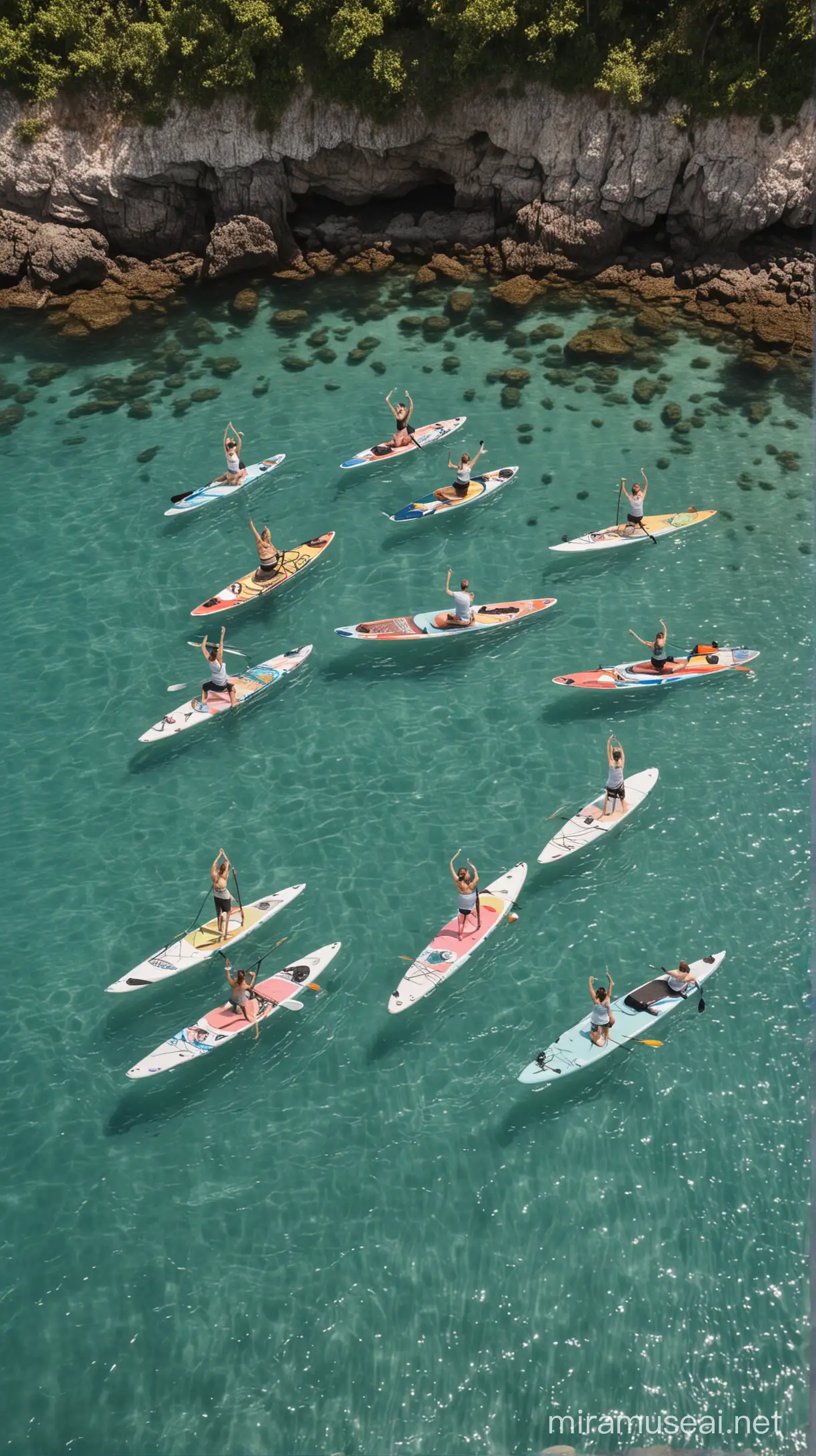 people doing yoga on paddleboards in the sea 