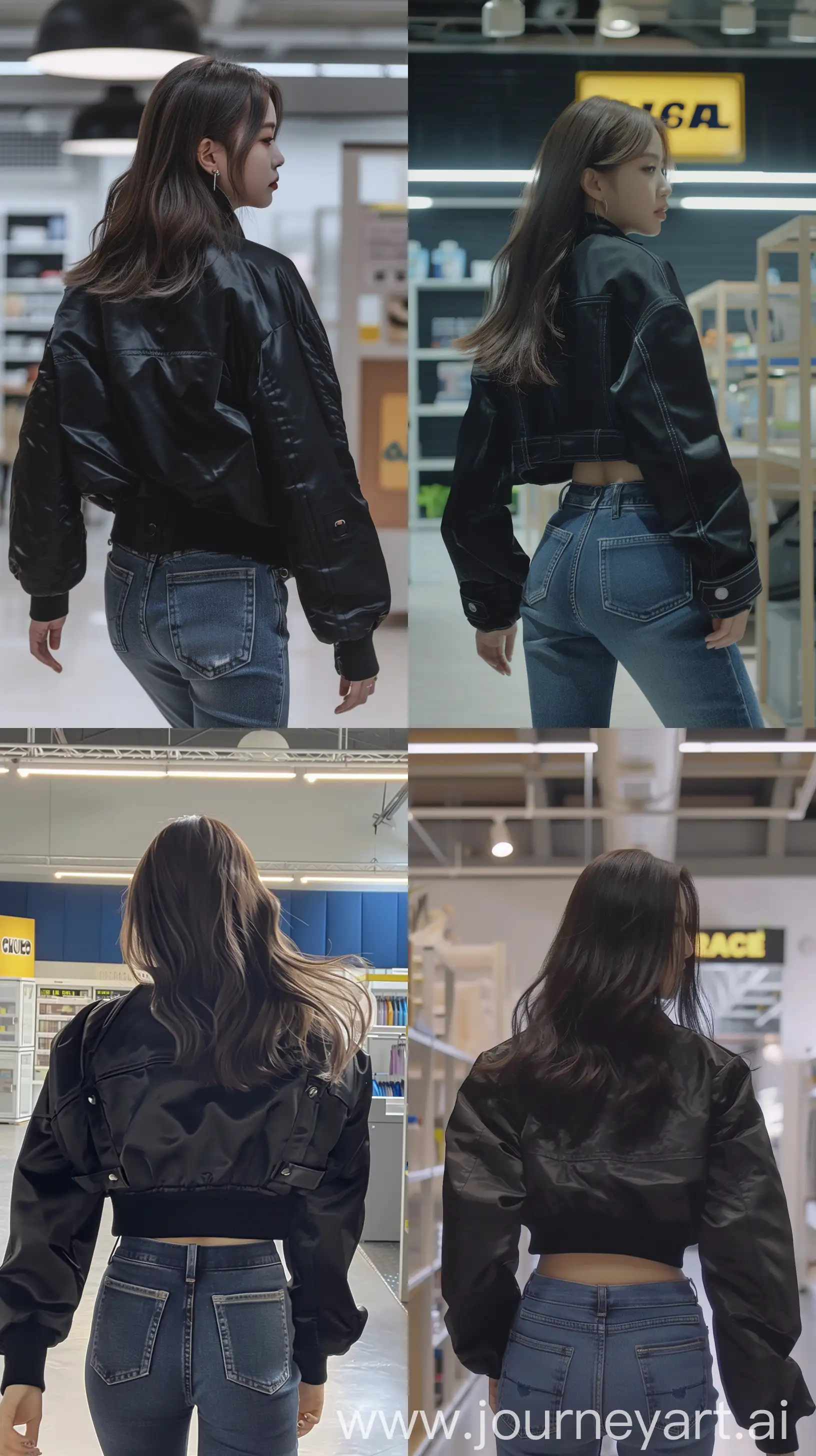 aestethic snapchat, blackpink's jennie wearing black jacket and jeans pants, medium hair, walking inside ikea, back body, throw face away --ar 9:16