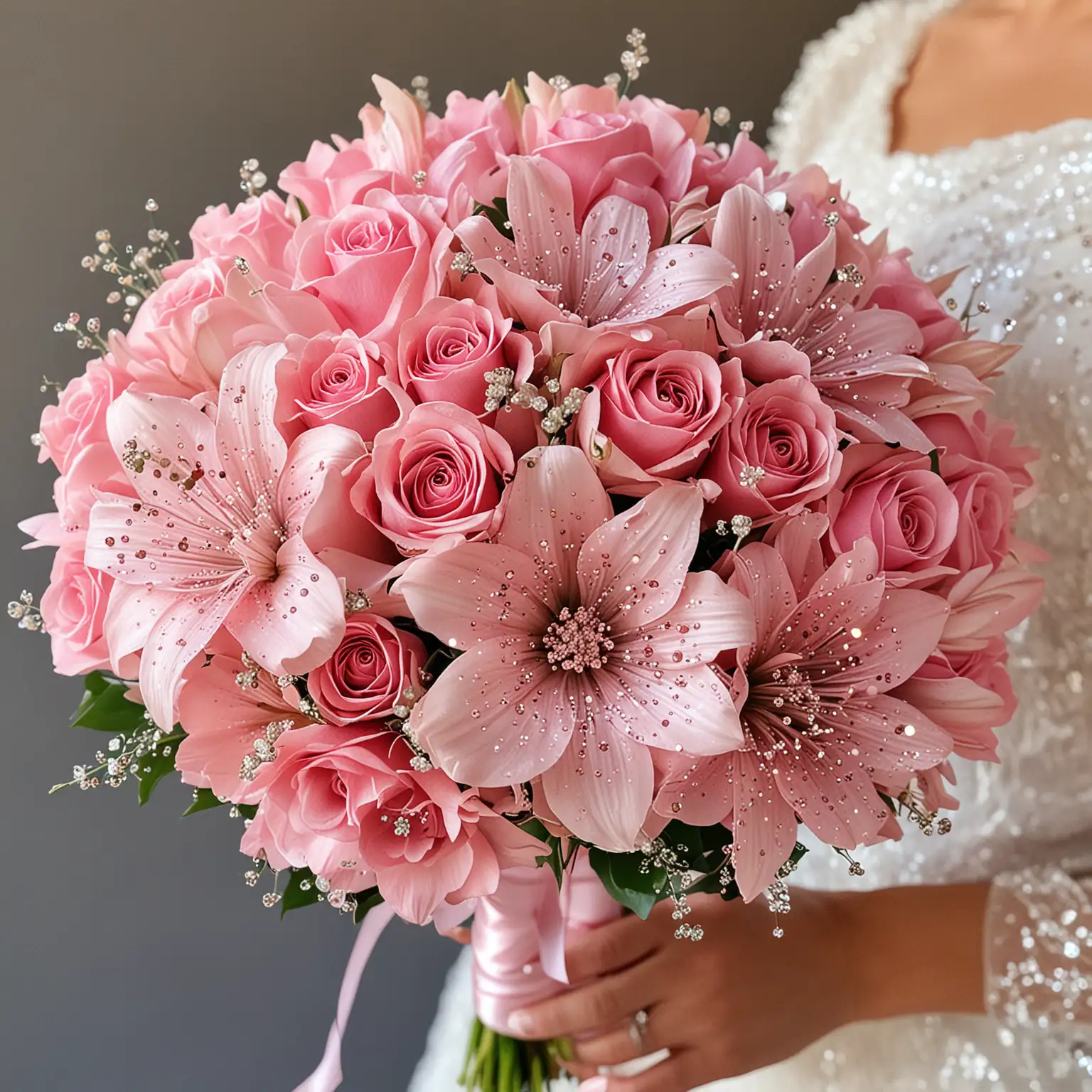 pretty pink flower bouquet with sparkles on it

