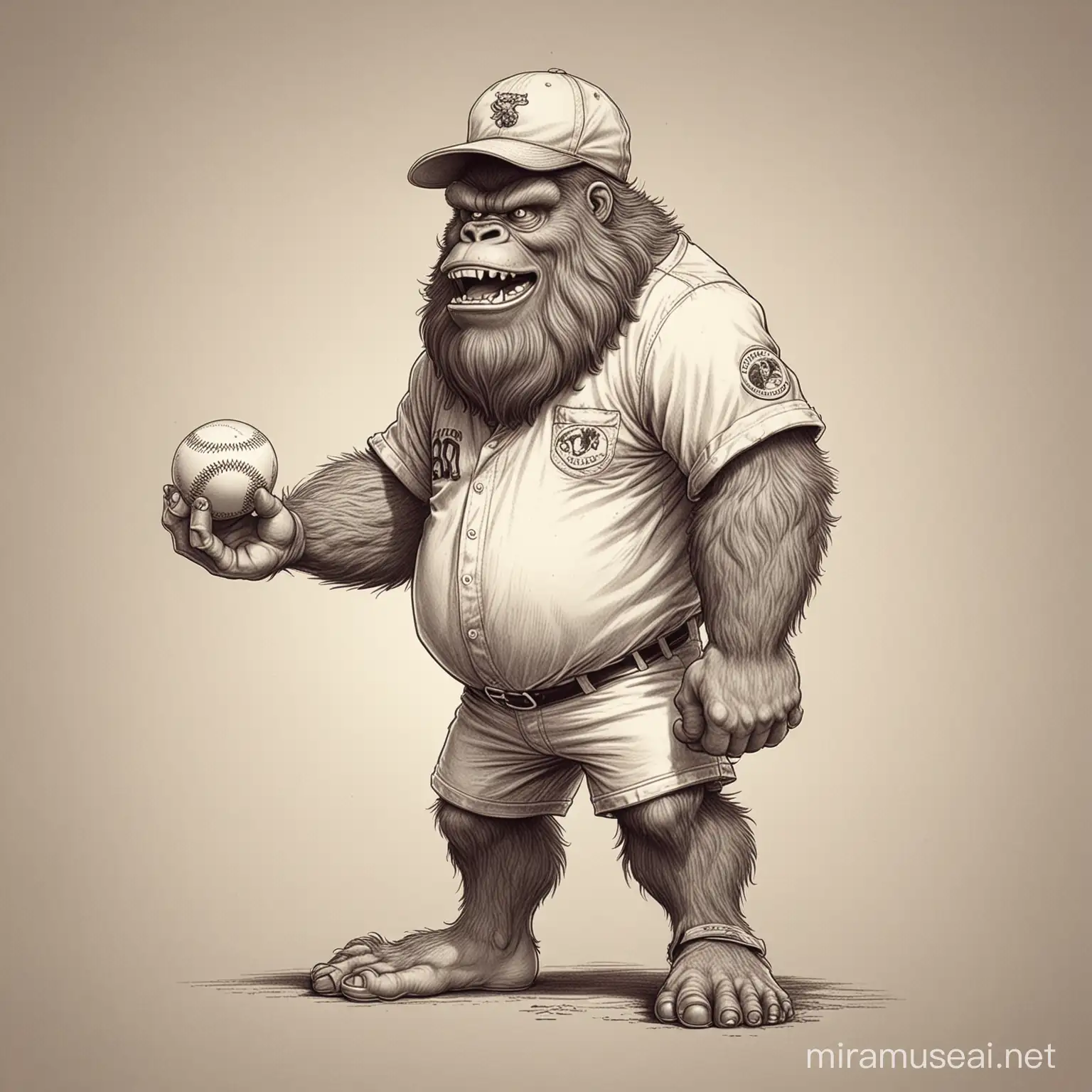 a bigfoot playing baseball, with a baseball hat on, wearing shorts, line art vintage looney tunes style
