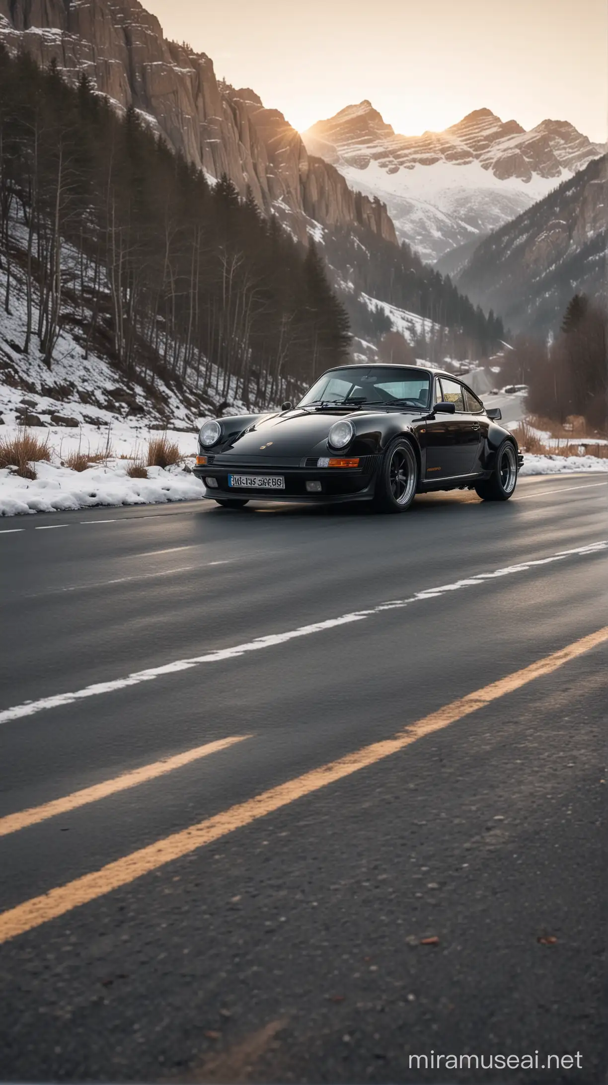 A glossy-black Porsche singer stops on an empty road, the front wheels slightly turned right. A mountain with snow covering its summit as the background. Taken from the back of the car, using Canon EOS 5D Mark IV under bright soft natural sunset light