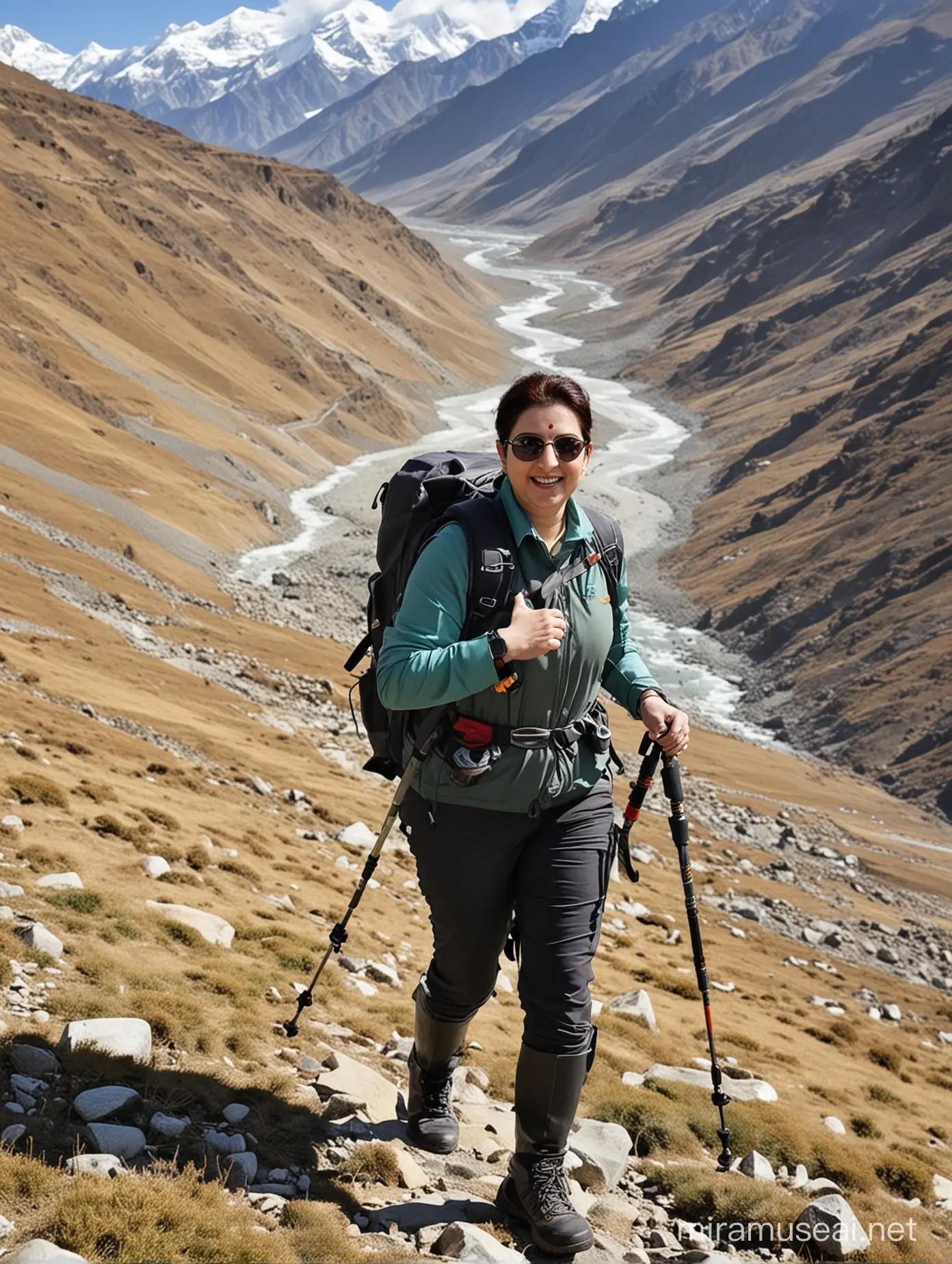 Union Minister Smriti Irani trekking in the majestic Himalayas. Show her dressed in appropriate trekking gear, with a backpack and trekking poles, as she navigates the mountainous terrain with determination and grace. The backdrop should showcase the awe-inspiring beauty of the Himalayan landscape, emphasizing her adventurous spirit and connection with nature. This image should capture the essence of leadership and exploration in a serene and inspiring setting