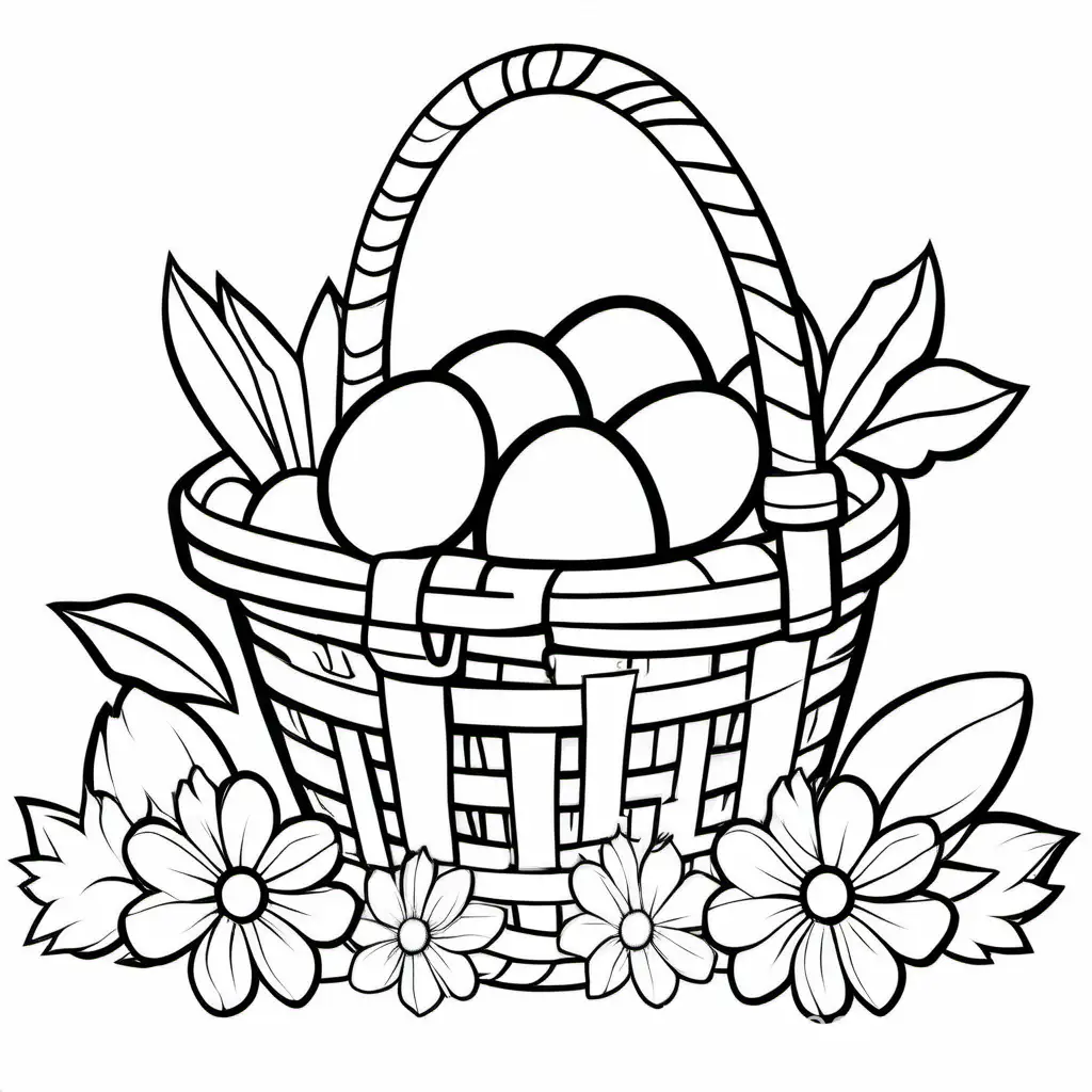 Easter Basket with Flowers and Eggs and baby chicks, Coloring Page, black and white, line art, white background, Simplicity, Ample White Space. The background of the coloring page is plain white to make it easy for young children to color within the lines. The outlines of all the subjects are easy to distinguish, making it simple for kids to color without too much difficulty, Coloring Page, black and white, line art, white background, Simplicity, Ample White Space. The background of the coloring page is plain white to make it easy for young children to color within the lines. The outlines of all the subjects are easy to distinguish, making it simple for kids to color without too much difficulty