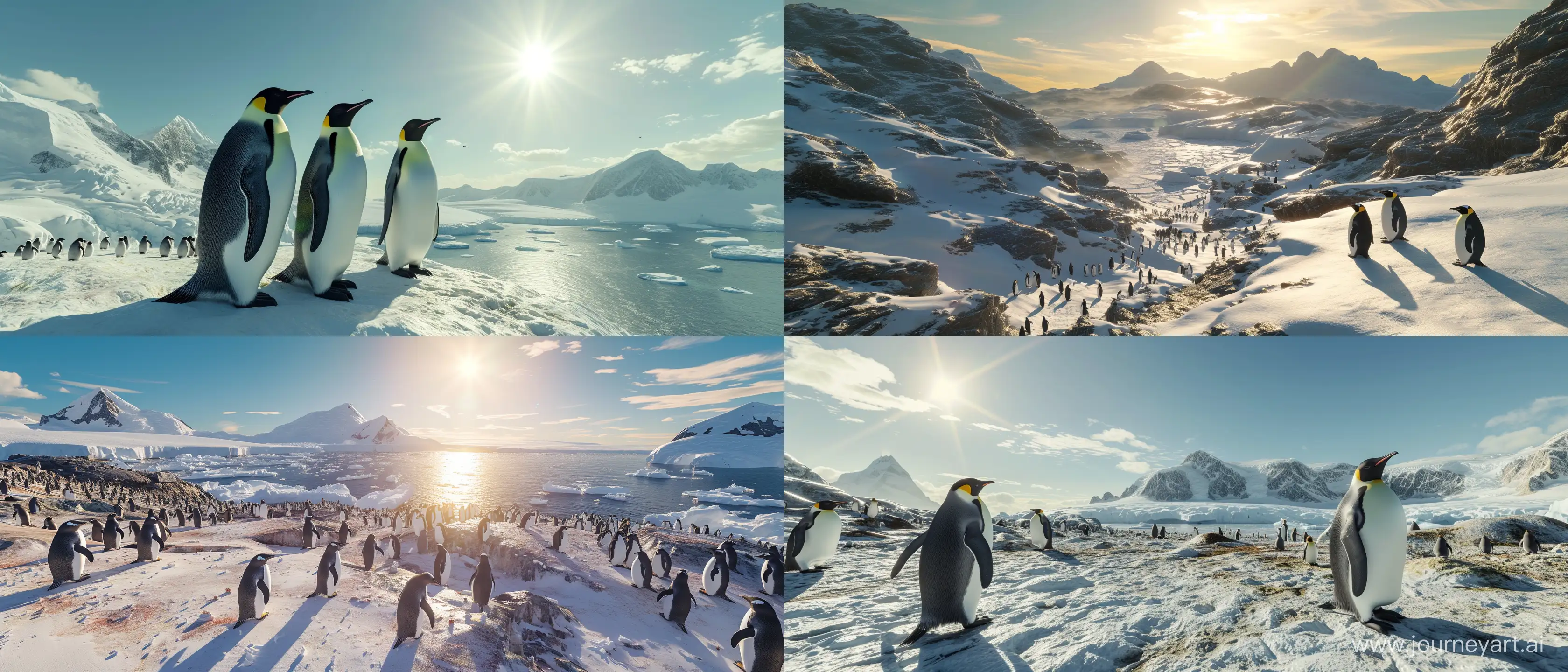 Create a photo as if taken by a drone from top to bottom of the penguin landscape in Antarctica; sunny day; using all the graphic, lighting, design and scenery techniques of the most hyper-realistic and current animations of the last generation; Ray tracing at an absurd level; 32k; better CGI; advanced lighting techniques; cinematic style; all parts of the image must be in the highest possible quality, 32k; --ar 21:9 --v 6.0