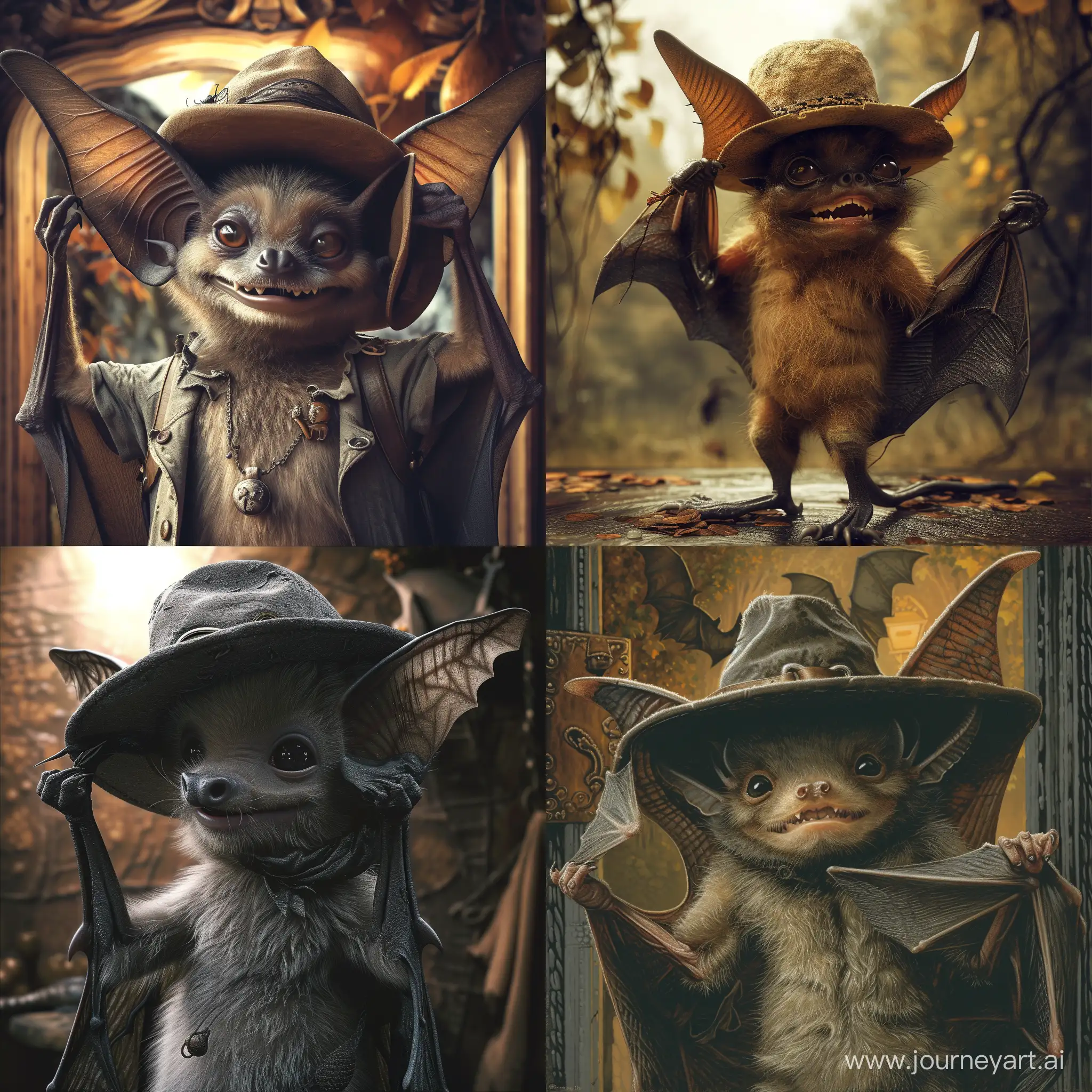 full frame, a bat in a hat takes off his hat and greets, surrealism, fantasy, the atmosphere of a dream