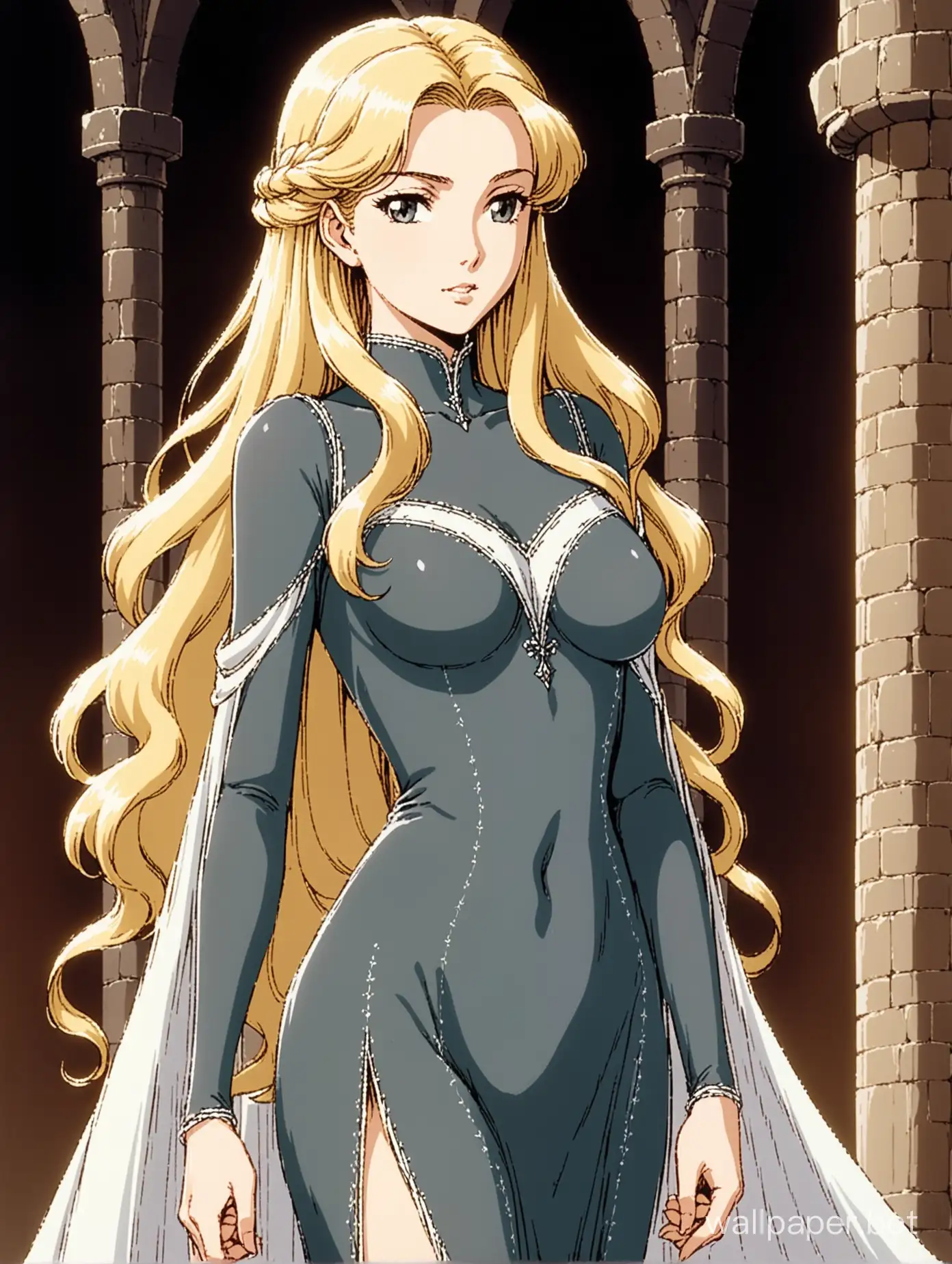 a small young and attractive white woman, hands clasped together below her waist, she has long wavy white-blonde hair, standing regally, elegant and slender, thin sharp face, wearing a sheer thin dark grey skintight dress, long flowing fabric, fully covered, decorative stitching, medieval elegance, 1980s retro anime