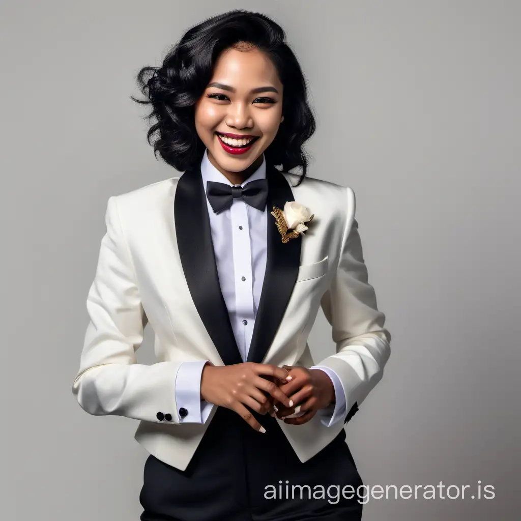 Beautiful dark skinned Thai woman with shoulder length hair and lipstick wearing a tuxedo with an ivory jacket. Her shirt is white with double French cuffs and a wing collar. Her bowtie is black. Her cufflinks are black. She is smiling and laughing. Her jacket is open.