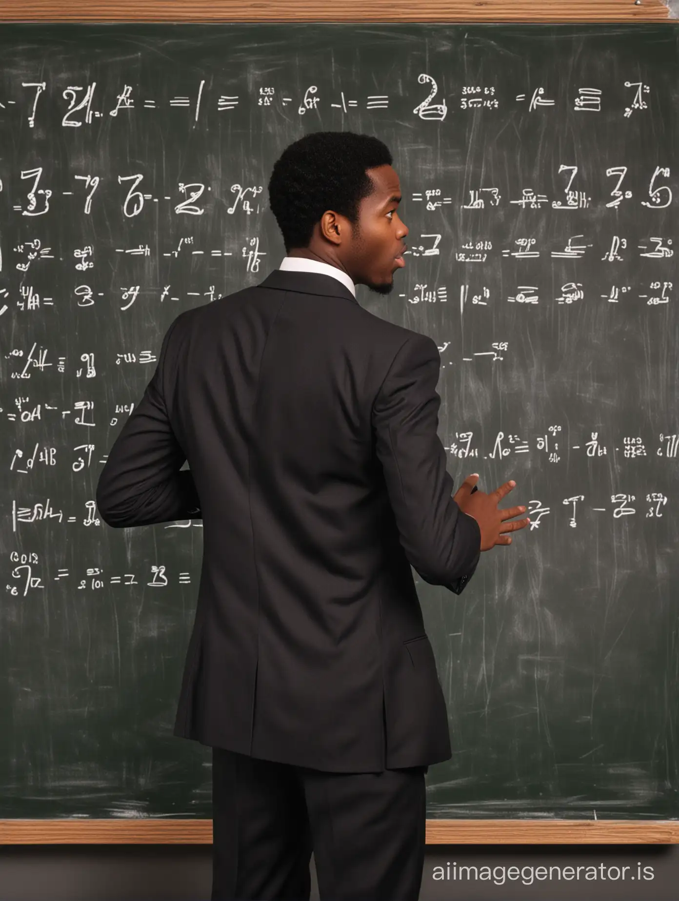 a black man wears a suit stands in front of a blackboard and writhing some math formulas related to number 27 and its formula is so bold and we see his back