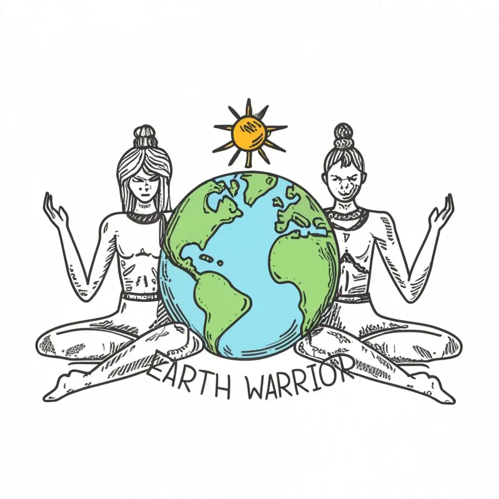 logo, one female warrior and one male warrior meditating in front of planet earth, simple sketch, with the text "Earth warrior", typography