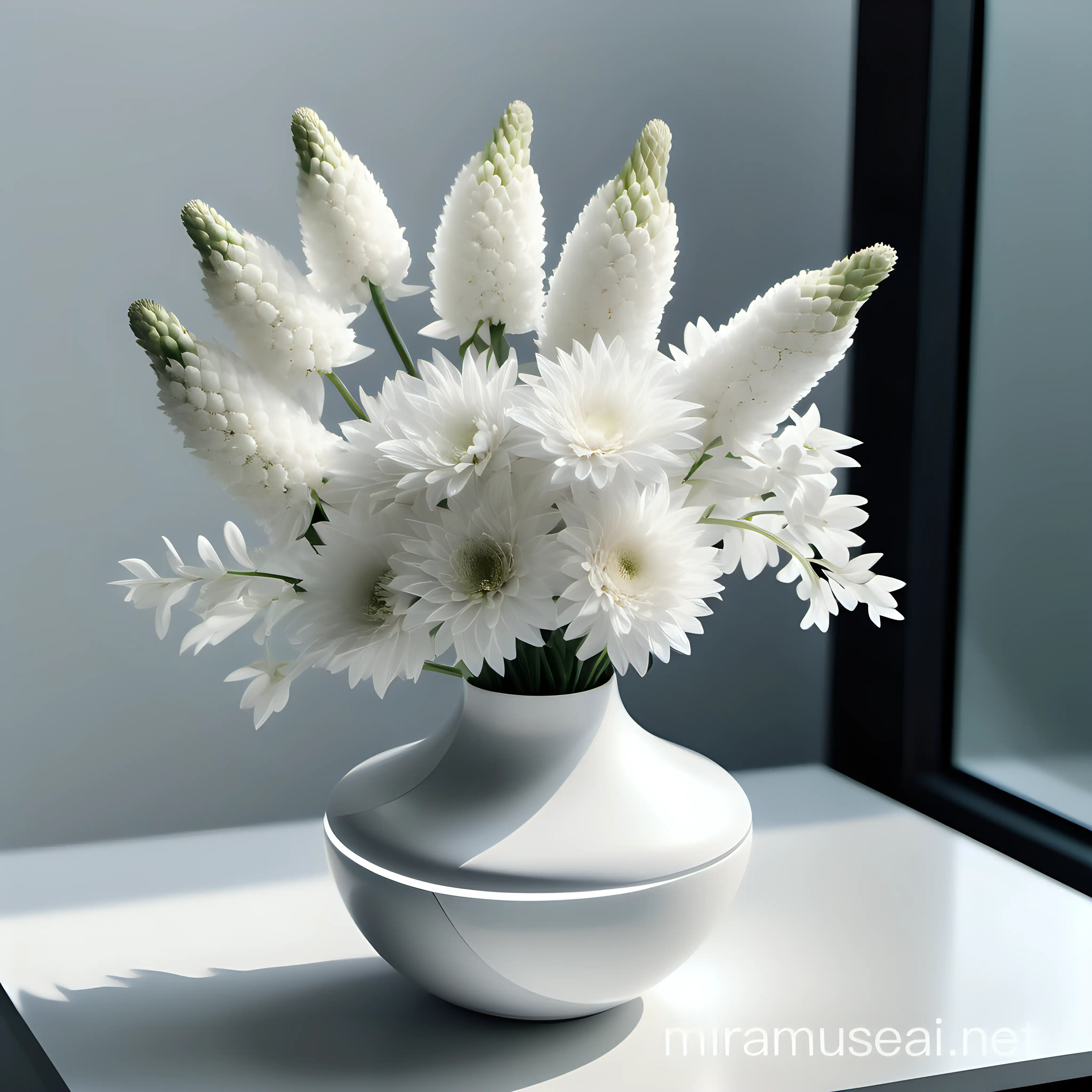 Modern Meditation Vibes Serene White Flowers in Futuristic Vase