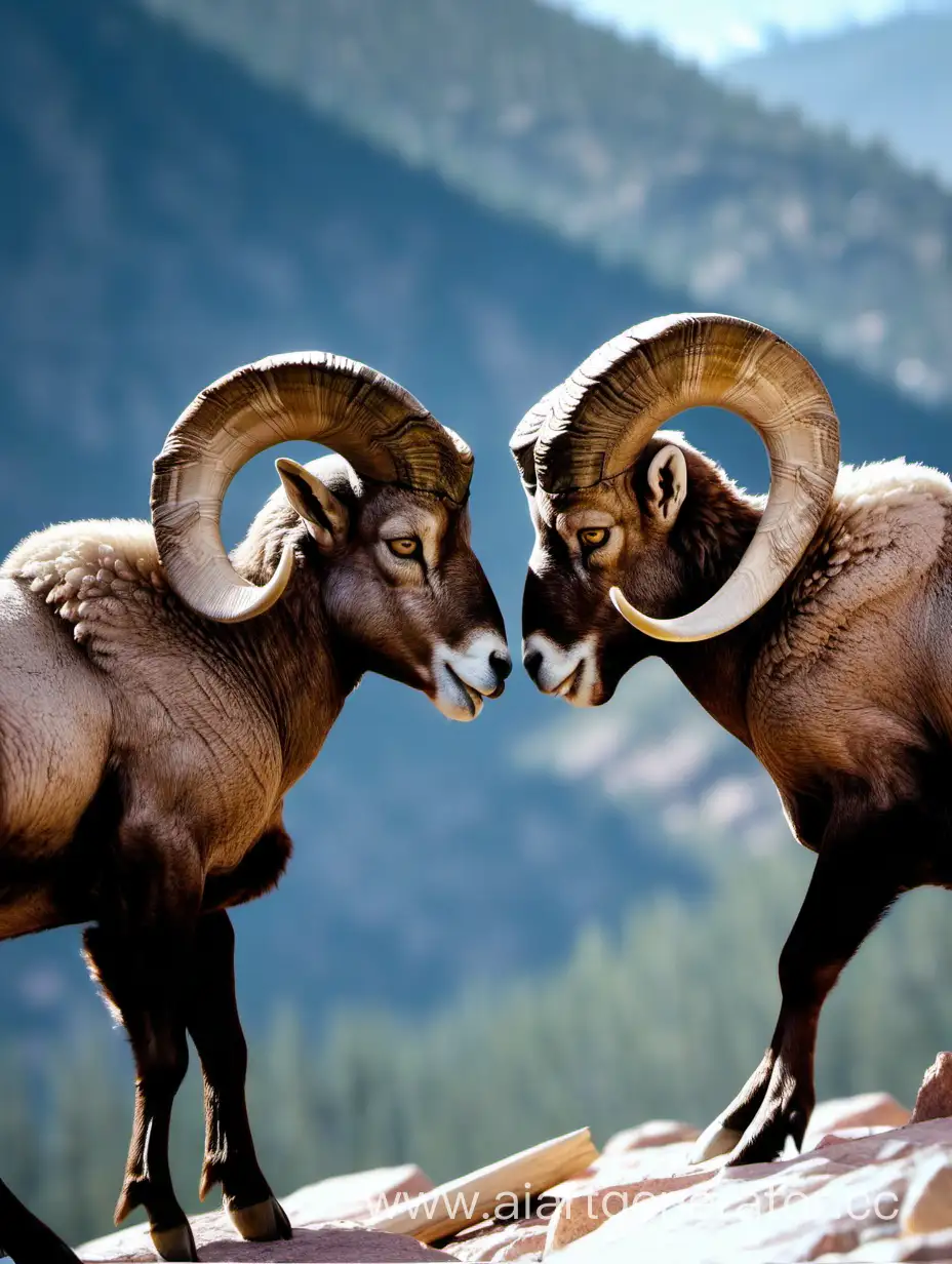 2 bighorn rams, butting headsa together, mountains in background, color photo