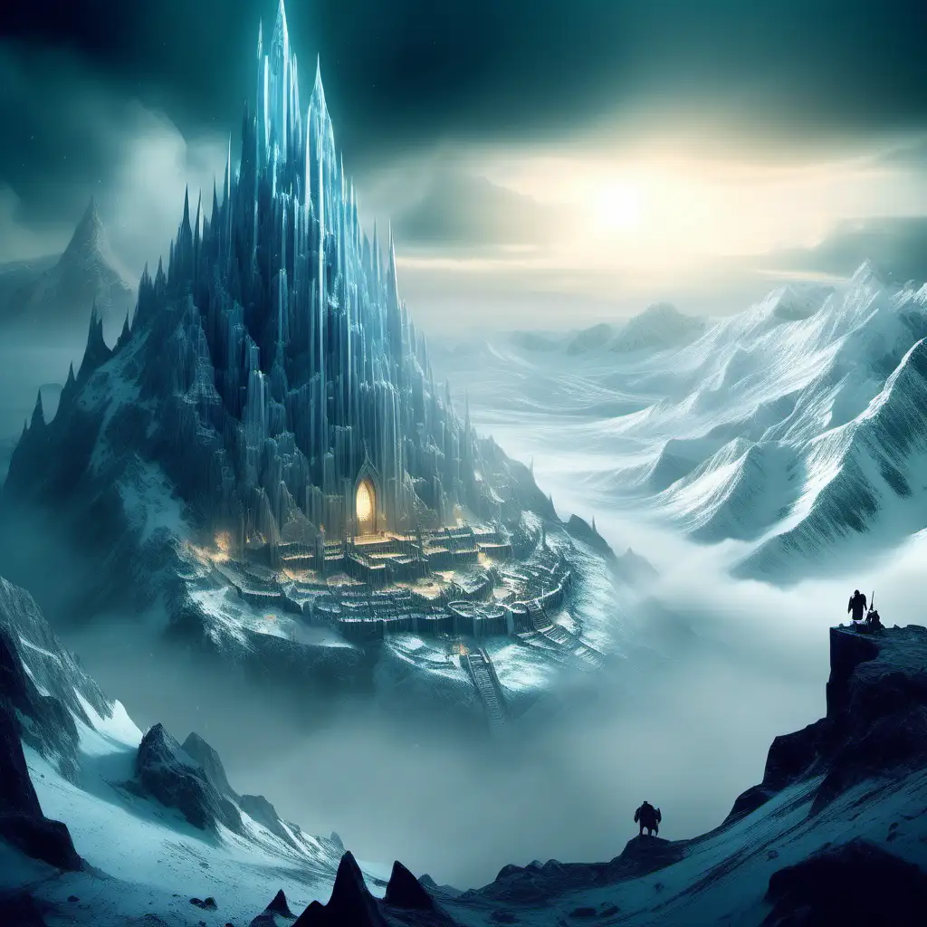 An image of a  dwarven kingdom digged inside a mountain like the one in the hobbit movie in the distance, the atmosphere misty, and the sky light blue, in a detailed fantasy style 