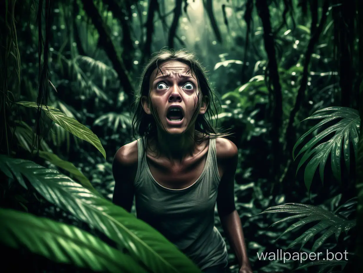 terrified girl lost in the dense lush Amazon jungle, detailed features, sharp images