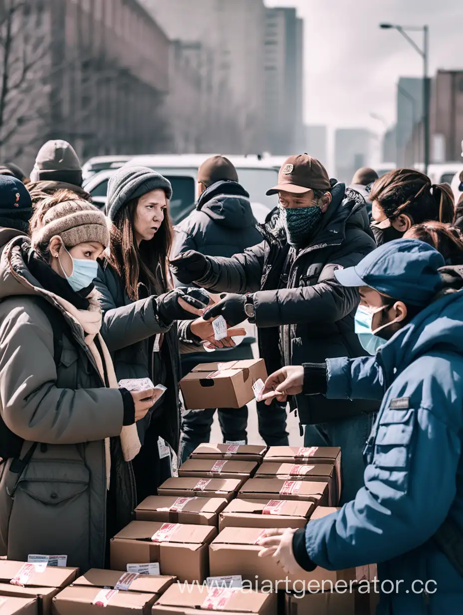 People exchange food tickets for supplies at the distribution point. Post-apocalypse