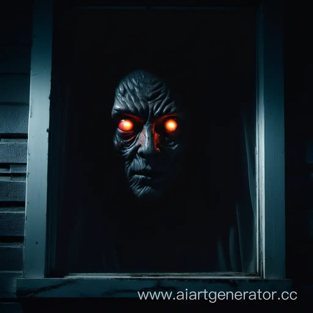 A dark humanoid face looking out of a dark closed window, with glowing eyes