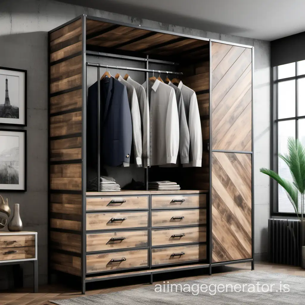 wardrobe with a metal frame in loft style.  metal and wood