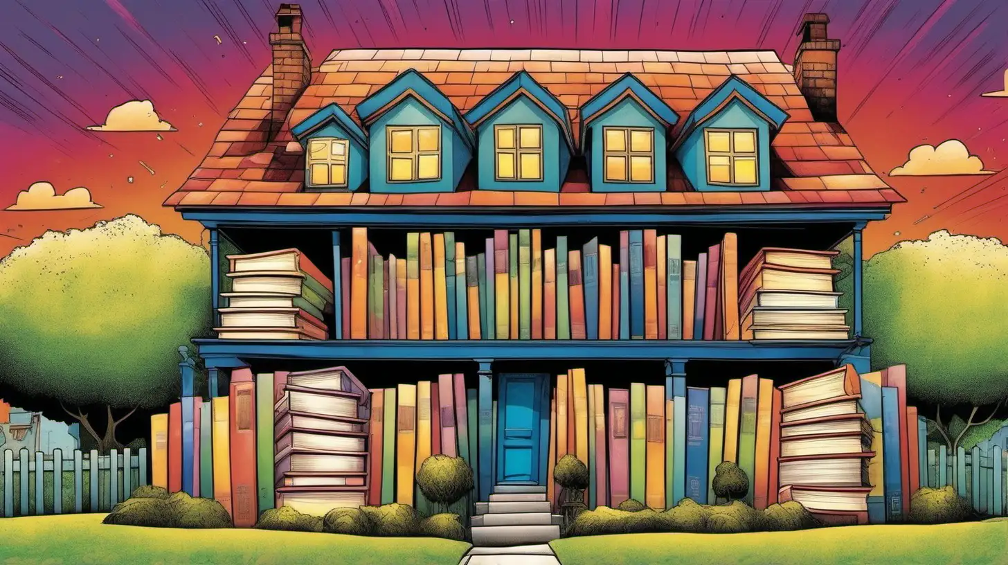 in bright colorful cartoon style, an image of the outside of a  house made out of giant oversized books