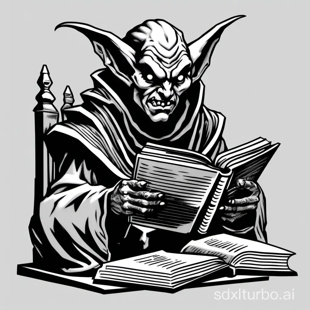style of 1980 Dungeons and Dragons, plain white background, an evil imp, reading a book, on a table, isolated in white, 1bit bw,