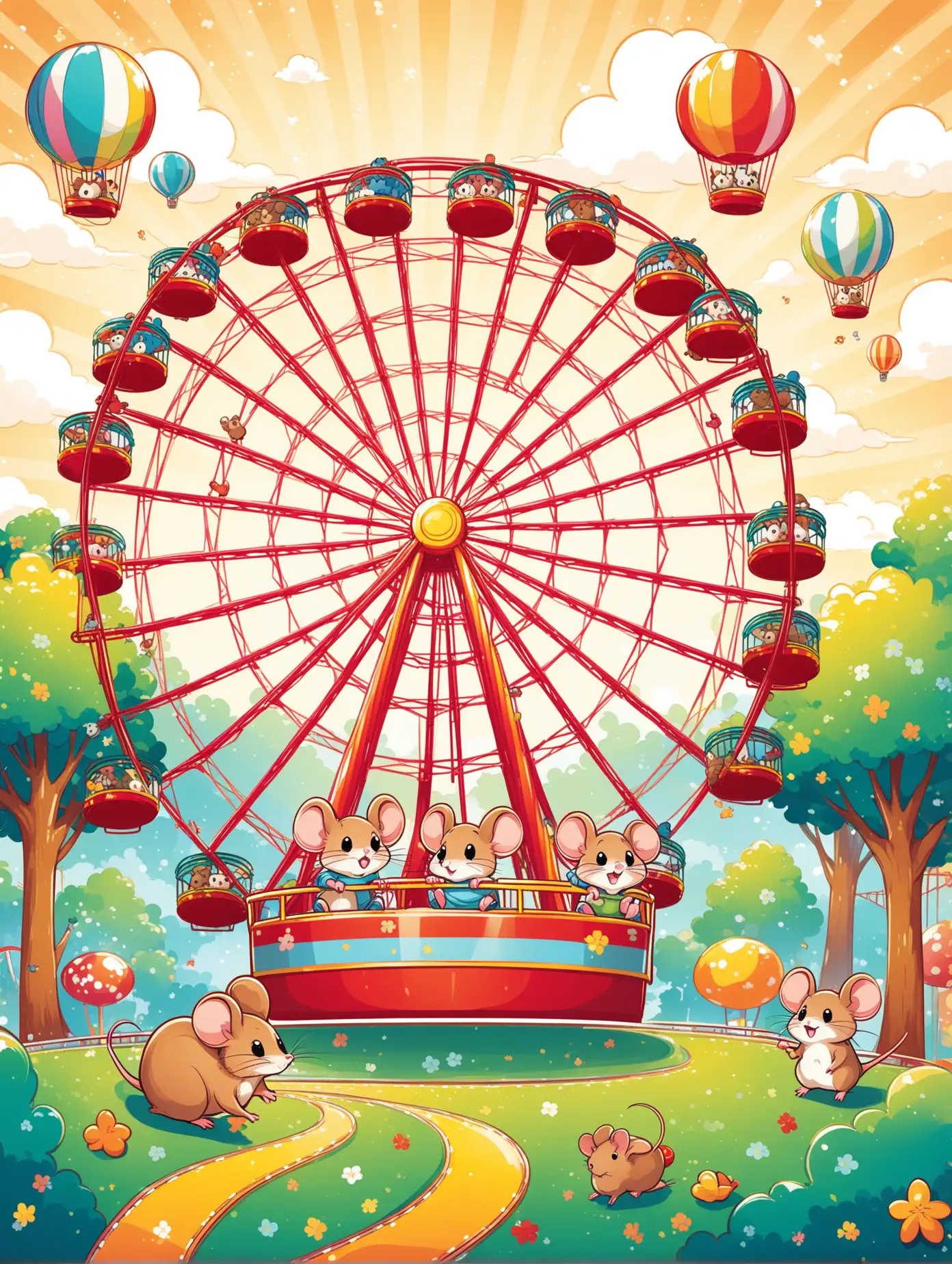 Background papers of an illustration of a playful little mouse at the fun fare, having a ride on the Ferris wheel with his friends, the other small forrest animals 