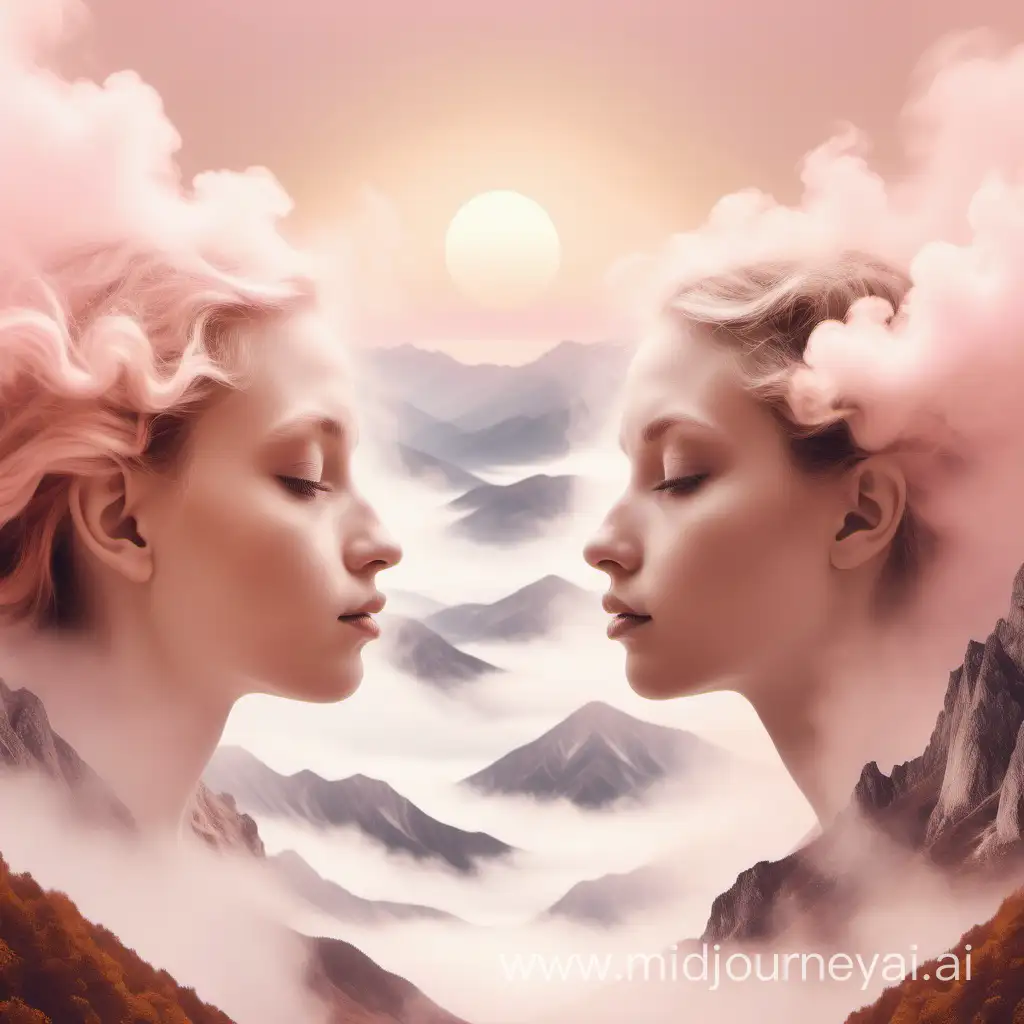 Mountains, in the style of light pink and light amber, ethereal illustrations, serene faces, smokey background, anne geddes, distinctive noses, bokeh panorama