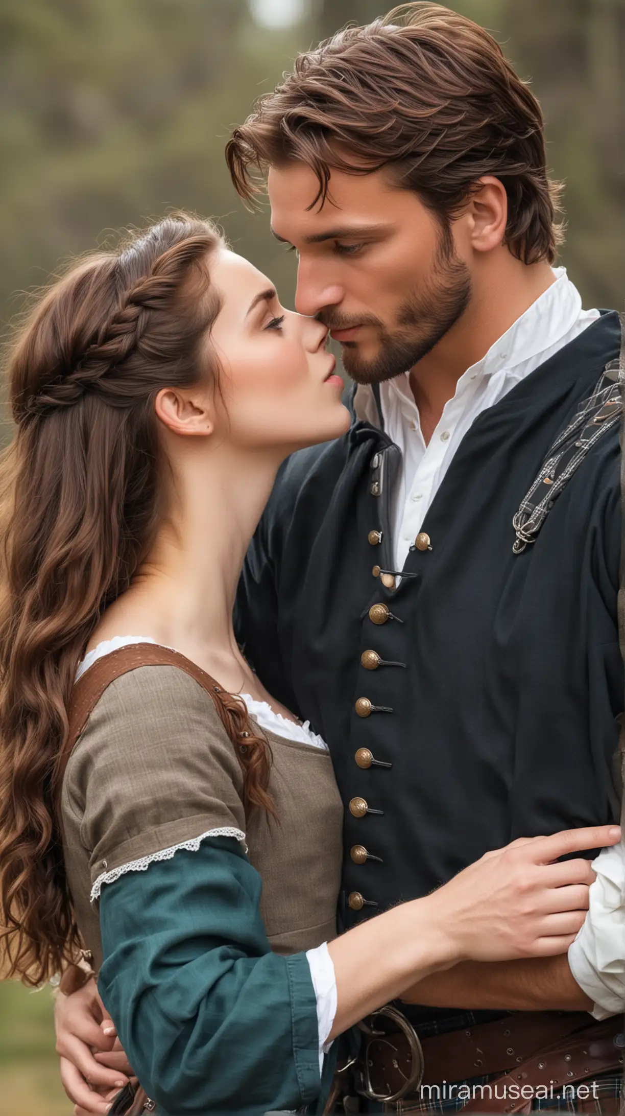 Hombre guapo pelo color castaño Escocés kilt atractivo ojos azules época medieval besando a mujer joven guapa morena