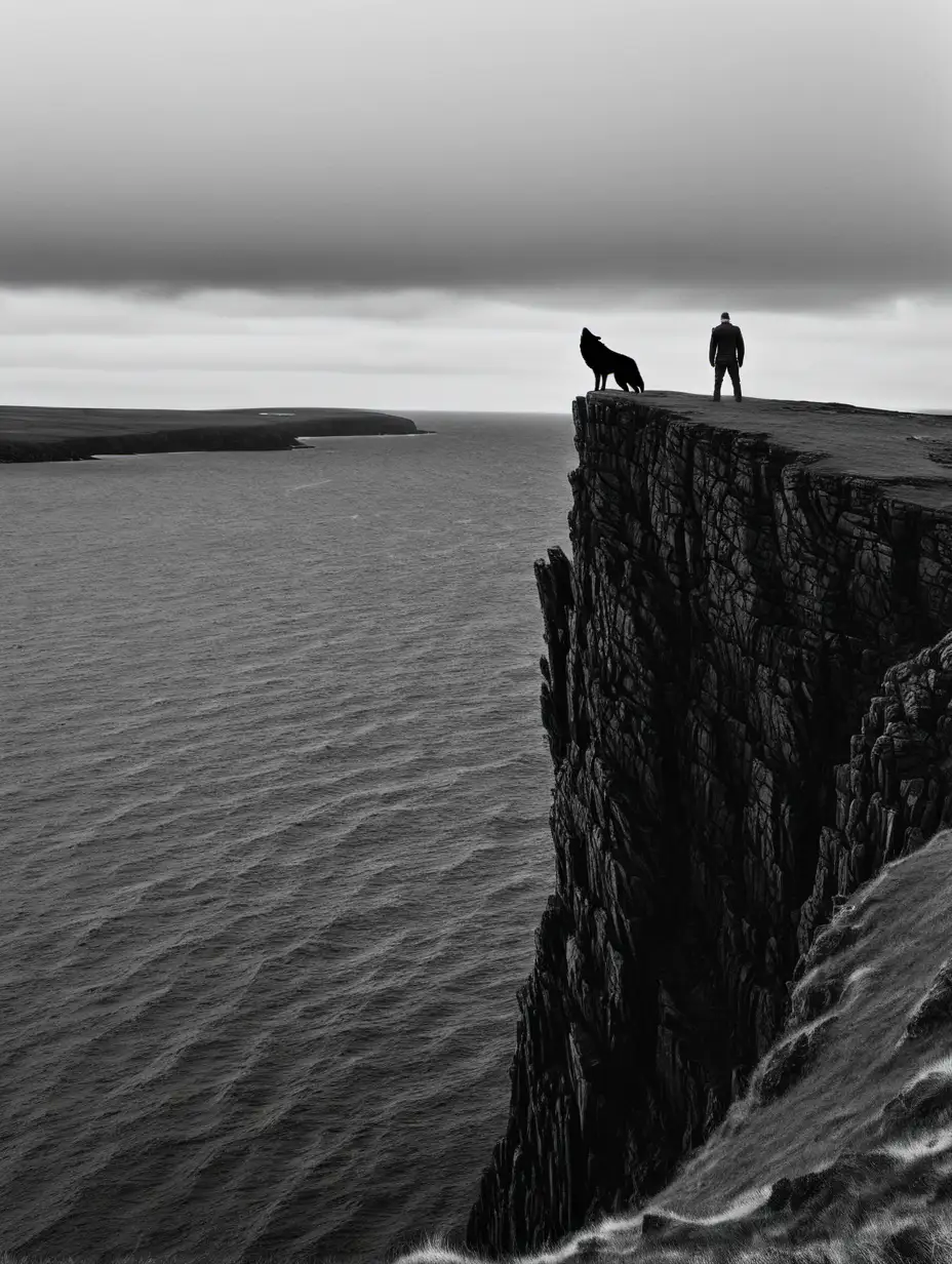 Brave Man Facing Distant Shetland Werewolf on Cliff Edge