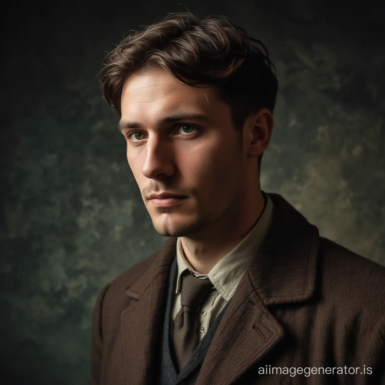 A peaceful city dweller man on a dark background time 1930 year