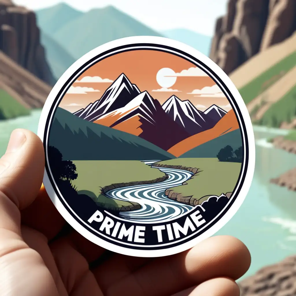 Scenic Prime Time Sticker Majestic Mountains and Tranquil River Landscape