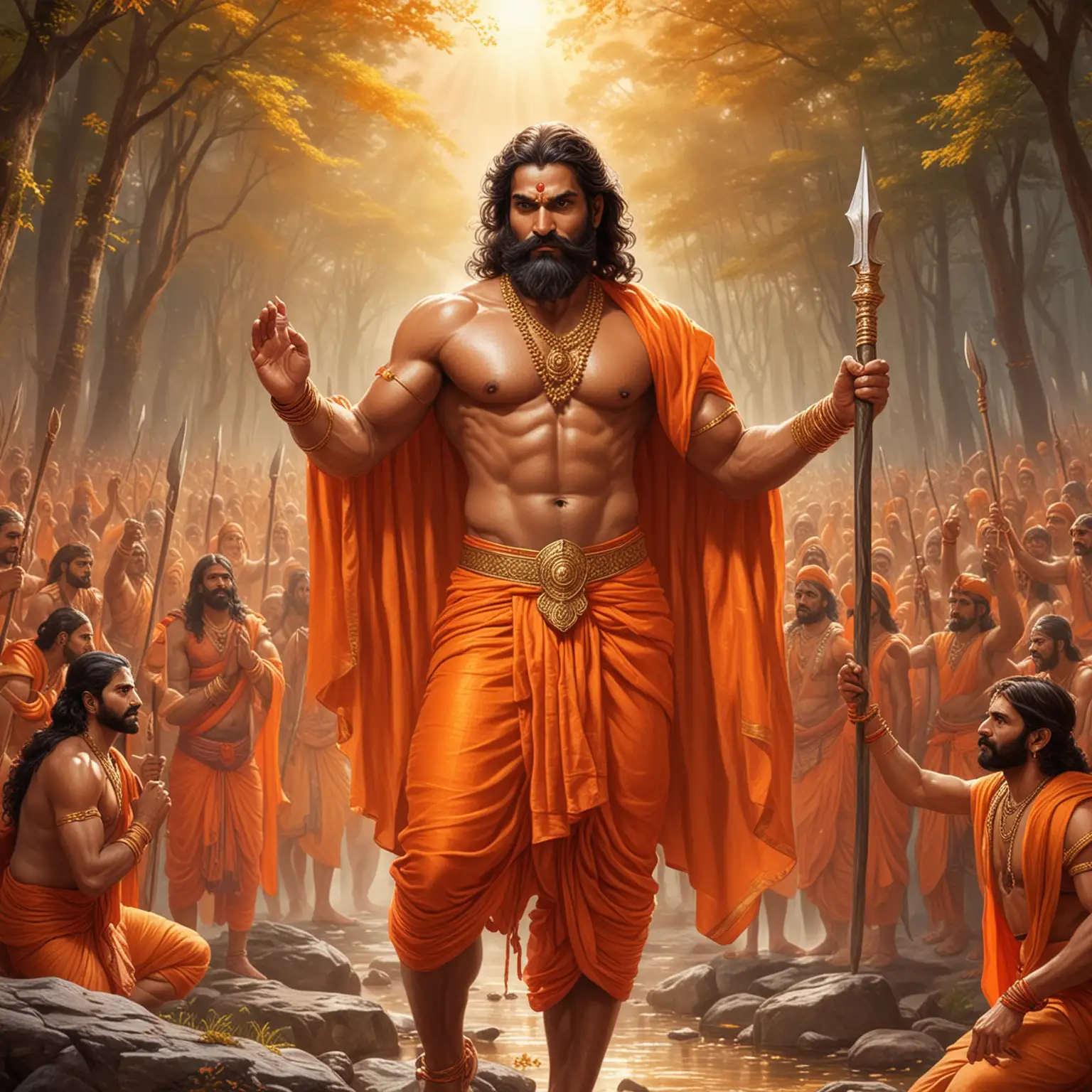 generate mahabharata character parshuram giving blessing in orange clothes
